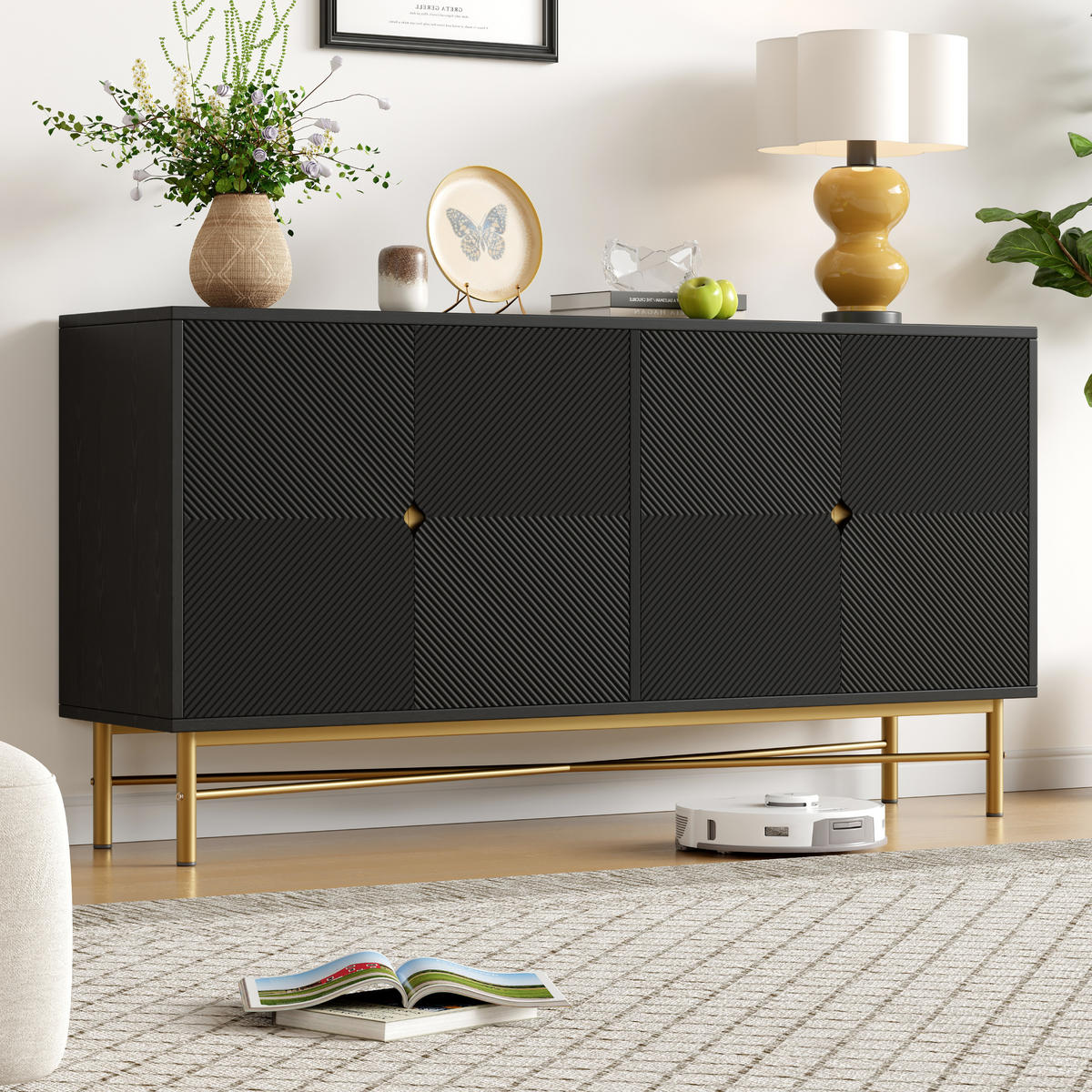 SIDEBOARD Schwarz 4 Türen Gold Griffe Hochglanz 160x40x82cm - Schwarz, Holzwerkstoff (40/82/160cm) - FLIEKS