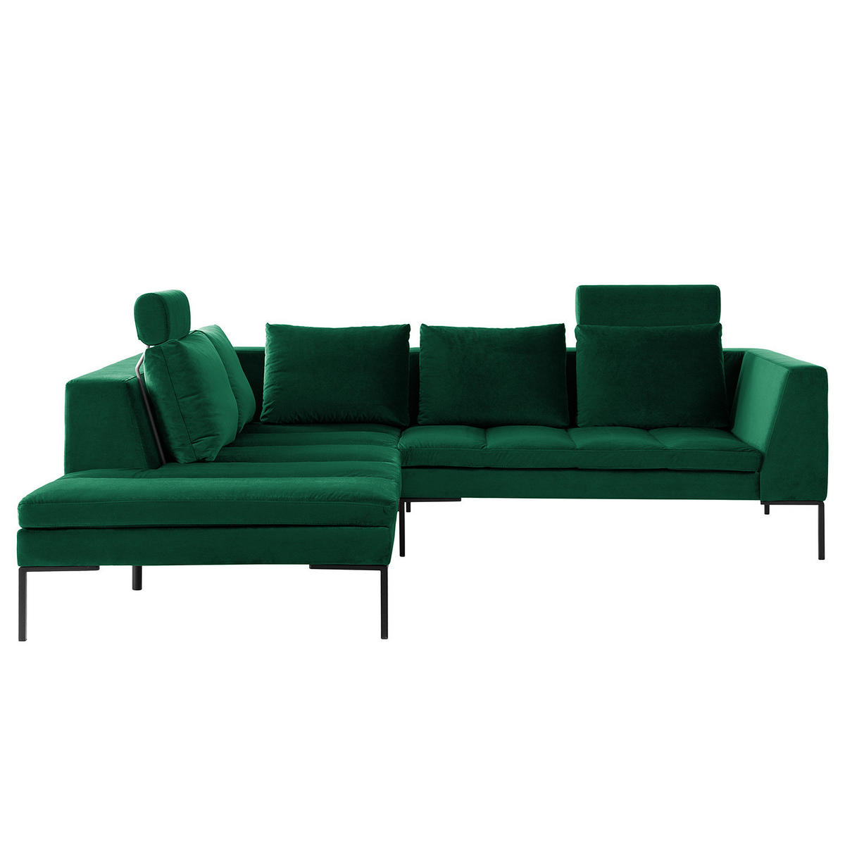 ECKSOFA mit Ottomane - Dunkelgrün/Schwarz, Textil/Metall (255/230cm) - home24