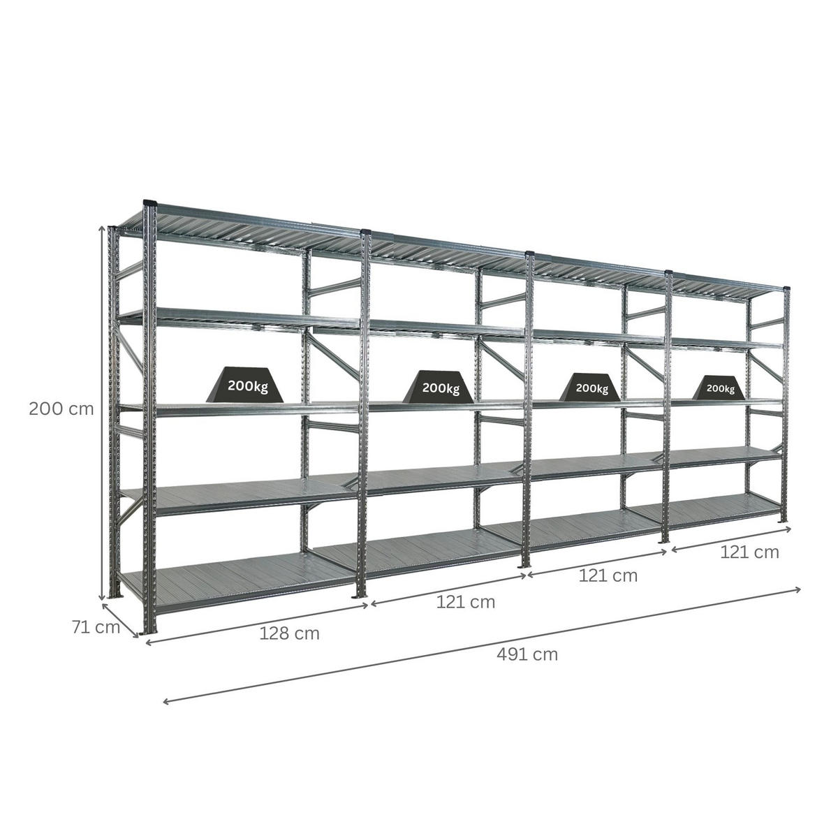 FACHBODENREGAL Proximo Stecksystem 200x480x70cm 5 Ebenen Fachlast 200 kg Beidseitig nutzbar Verzinkt - Silberfarben, Metall (480/200/70cm) - PROREGAL