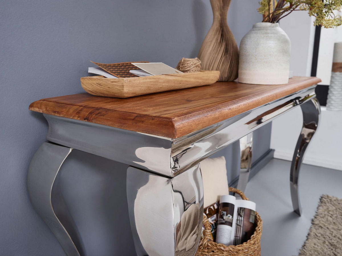 KONSOLENTISCH – Massivholz, 130 cm breit, silberne Beine, 2,5 cm Plattendicke - Silberfarben, Holz/Metall (42/130/76cm) - KADIMA DESIGN