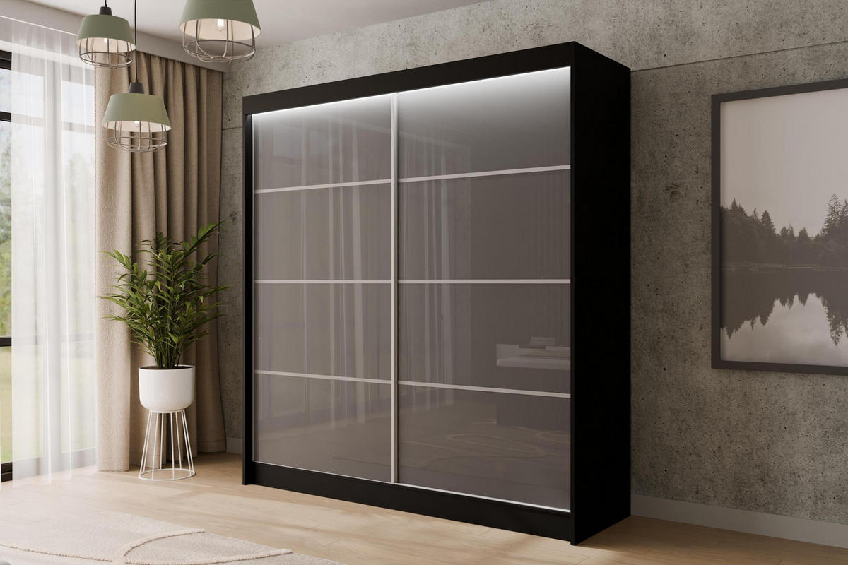 KLEIDERSCHRANK PEKA III mit LED - 200 cm - Schwarz|Grau - Schwarz/Grau, Holzwerkstoff (200/215/61cm) - ALTDECOR