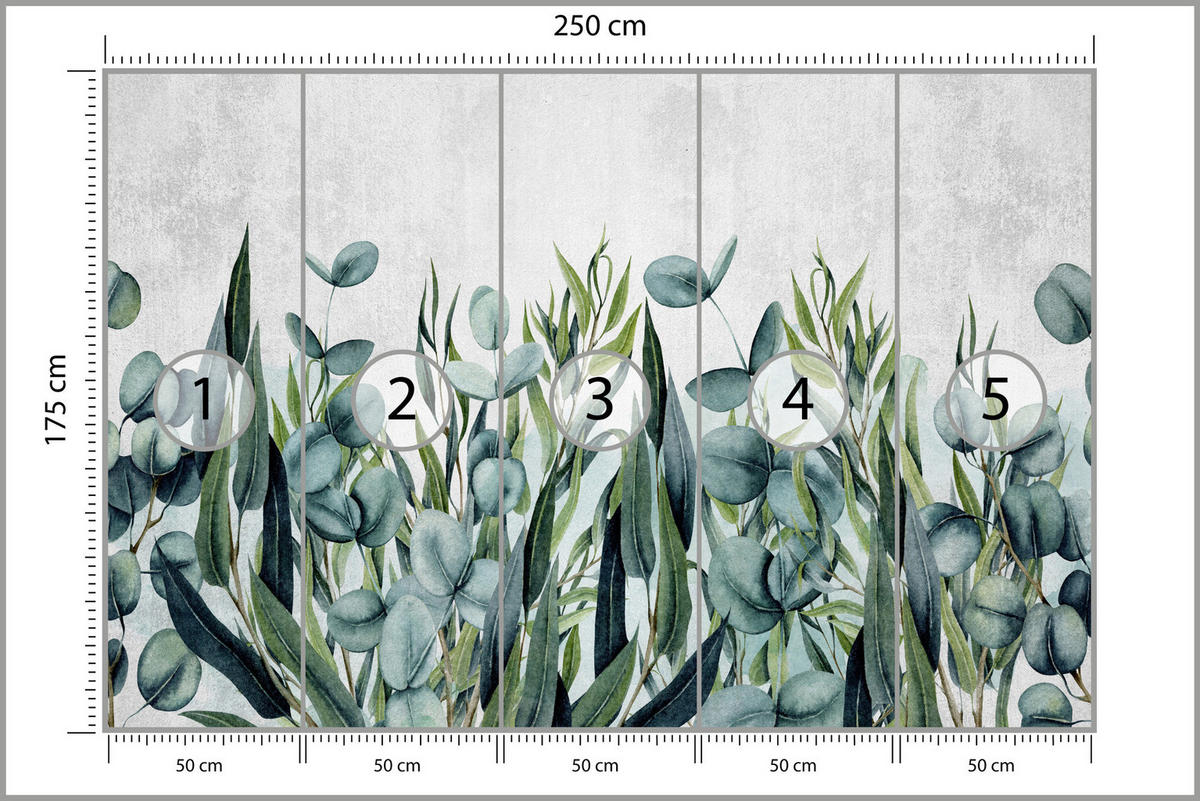 FOTOTAPETE für Wohnzimmer Blätter Beton Aquarell 250x175 - Grau/Grün, Papier (250/175cm) - Muralo
