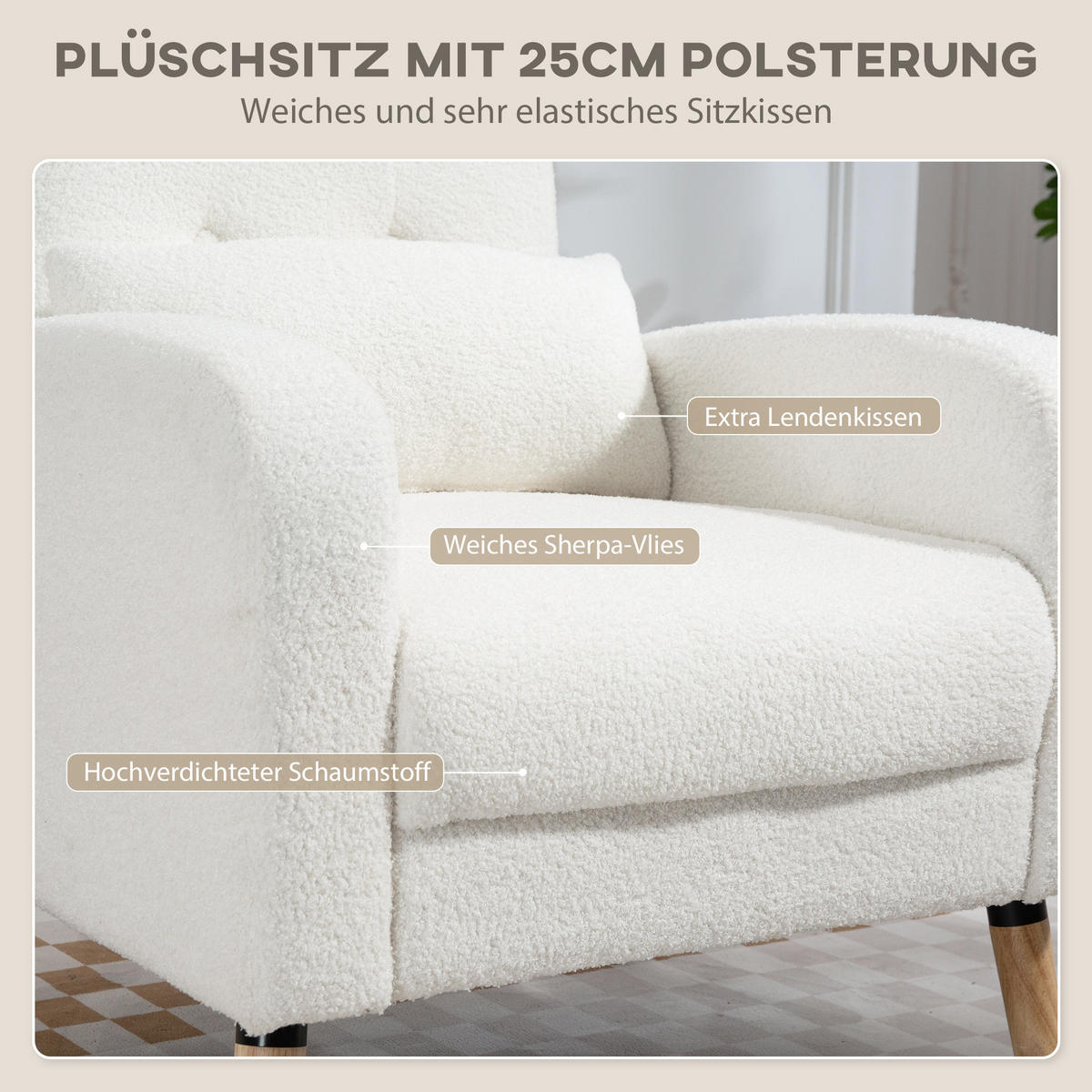 MODERNER Armlehnstuhl, Polstersessel mit Kautschukholzbeinen, Weiß - Weiß, Kunststoff (74/89.5/76cm) - HOMCOM