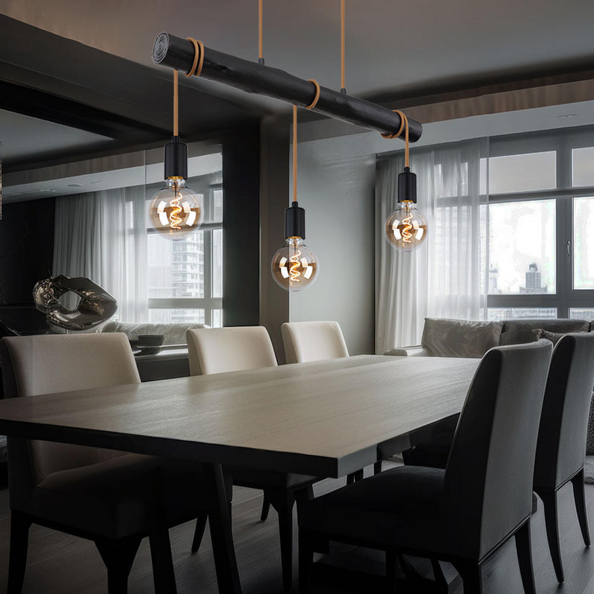 HÄNGELEUCHTE Holz Schwarz 3-flammig höhenverstellbar - Schwarz, Holz/Metall (60/5/120cm) - Globo Lighting