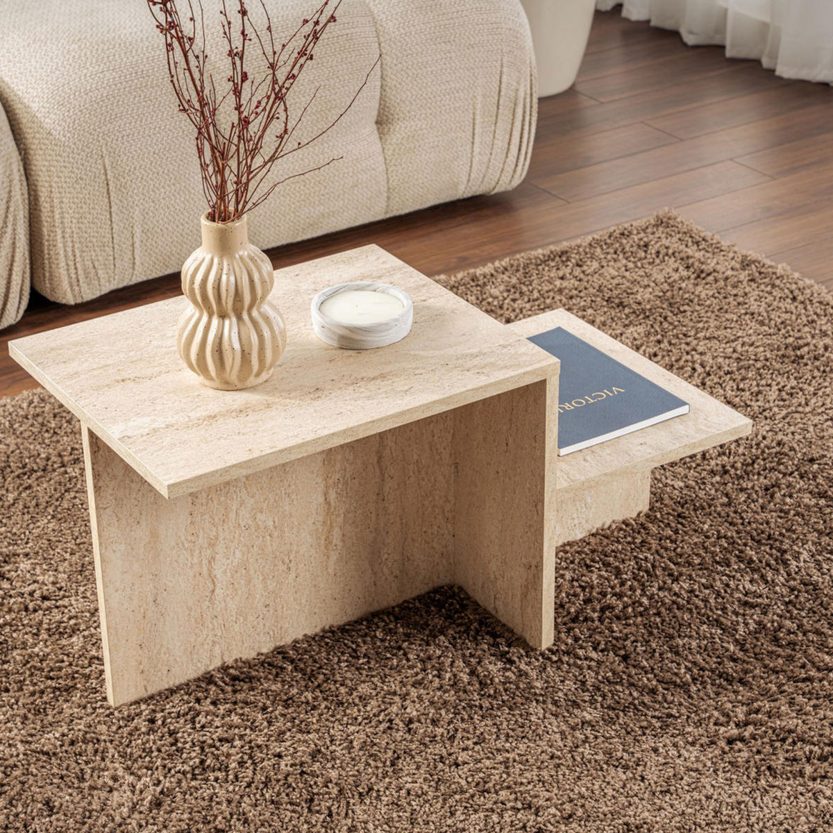 COUCHTISCH im Travertin-Effekt - Hemy - Beige - Beige, Stein (80/40/40cm) - Drawer