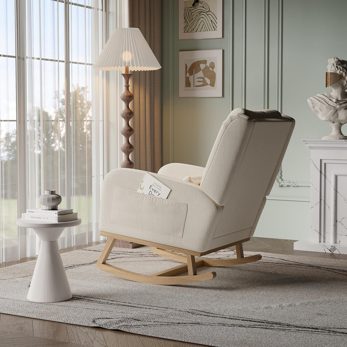 SCHAUKELSTUHL Schaukelsessel mit 2 Seitentaschen, Beige - Beige, Holz (93/96/68cm)