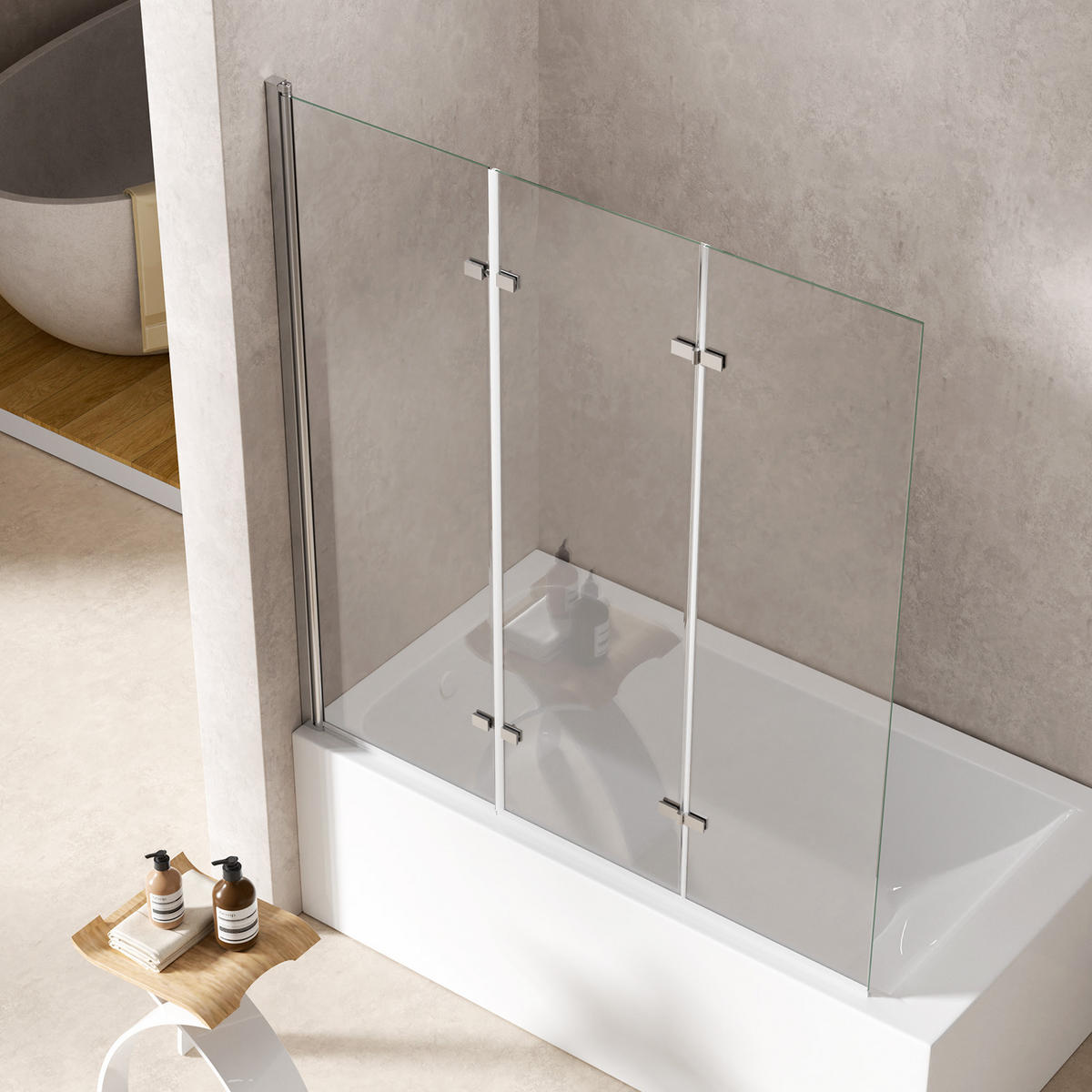 BADEWANNENAUFSATZ 120/140 cm chrom 3-tlg. faltbar 6 mm mit beidseitiger Nano-Beschichtung - Chromfarben, Glas (120/140cm) - S'AFIELINA