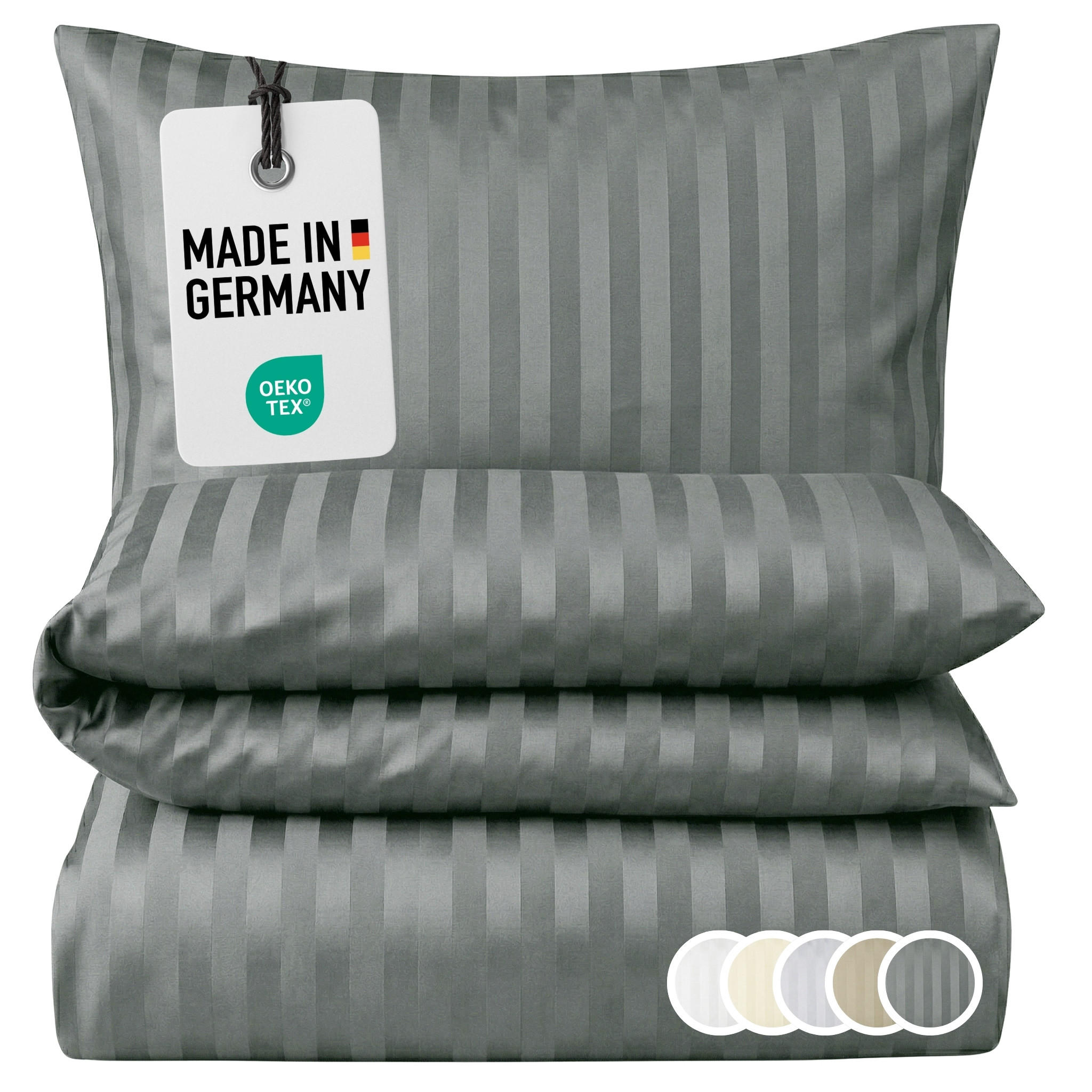 BETTWÄSCHE Damast 155x220 Anthrazit Dunkelgrau gestreift - Made in Germany - Anthrazit, Textil (155/220cm) - Carpe Sonno