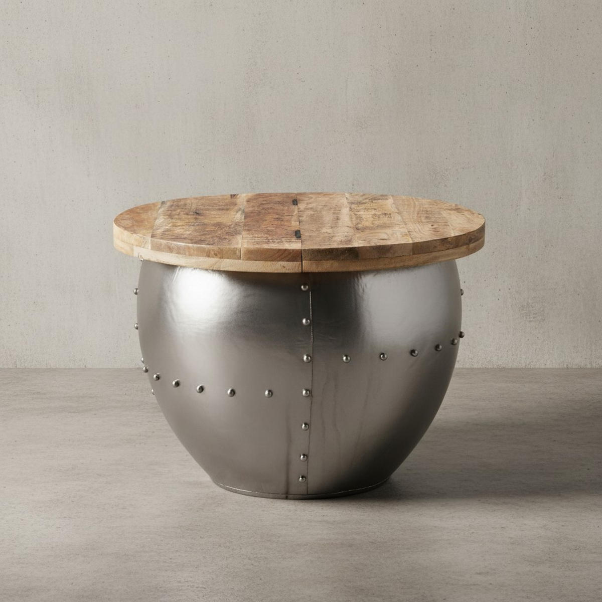 COUCHTISCH Rund in Braun, Massivholz und Metall, Industrial-Stil mit Stauraum - Silberfarben, Holz/Metall (60/60/43cm) - KADIMA DESIGN