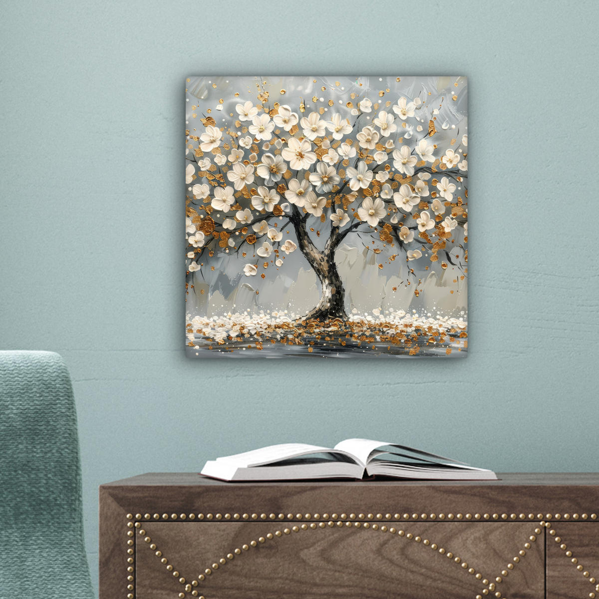 LEINWANDBILD Baum - Blumen - Weiß - Natur - Kunst 20x20 cm - Weiß, Textil (20/20cm) - MuchoWow