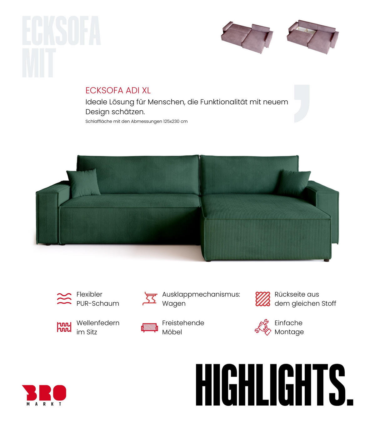 ECKSOFA ADI XL mit Schlaffunktion Dunkelgrün Cord - Dunkelgrün, Textil (272/143cm) - Bromarkt