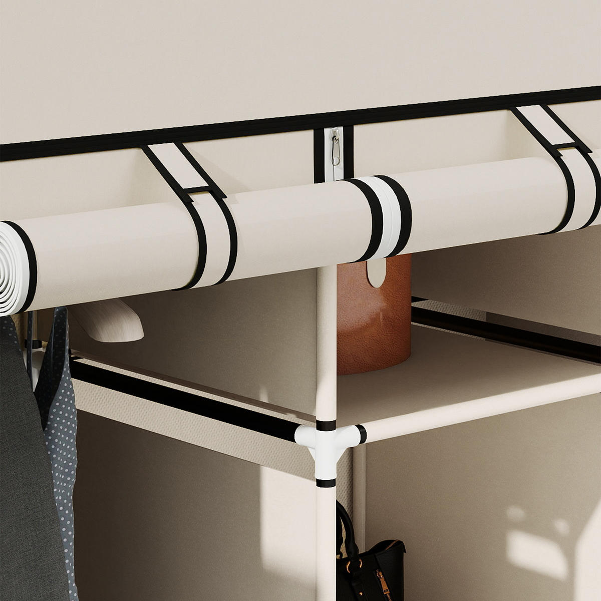 STOFFSCHRANK, Faltschrank, Kleiderschrank mit Kleiderstangen, 8 Ebenen Cremeweiß - Weiß, Metall (43/162.5/125cm) - HOMCOM