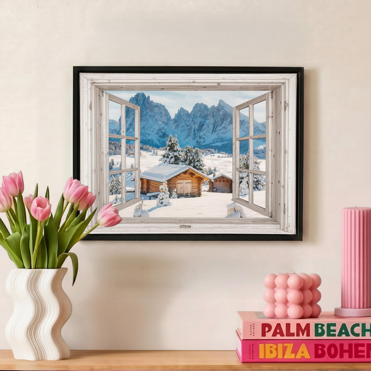 LEINWAND Bilder mit Rahmen - Winterlandschaft - Hütte - Berge - Ausblicke - Aussicht - Natur - 40x30 - Weiß Hochglanz, Textil (40/30cm) - MuchoWow