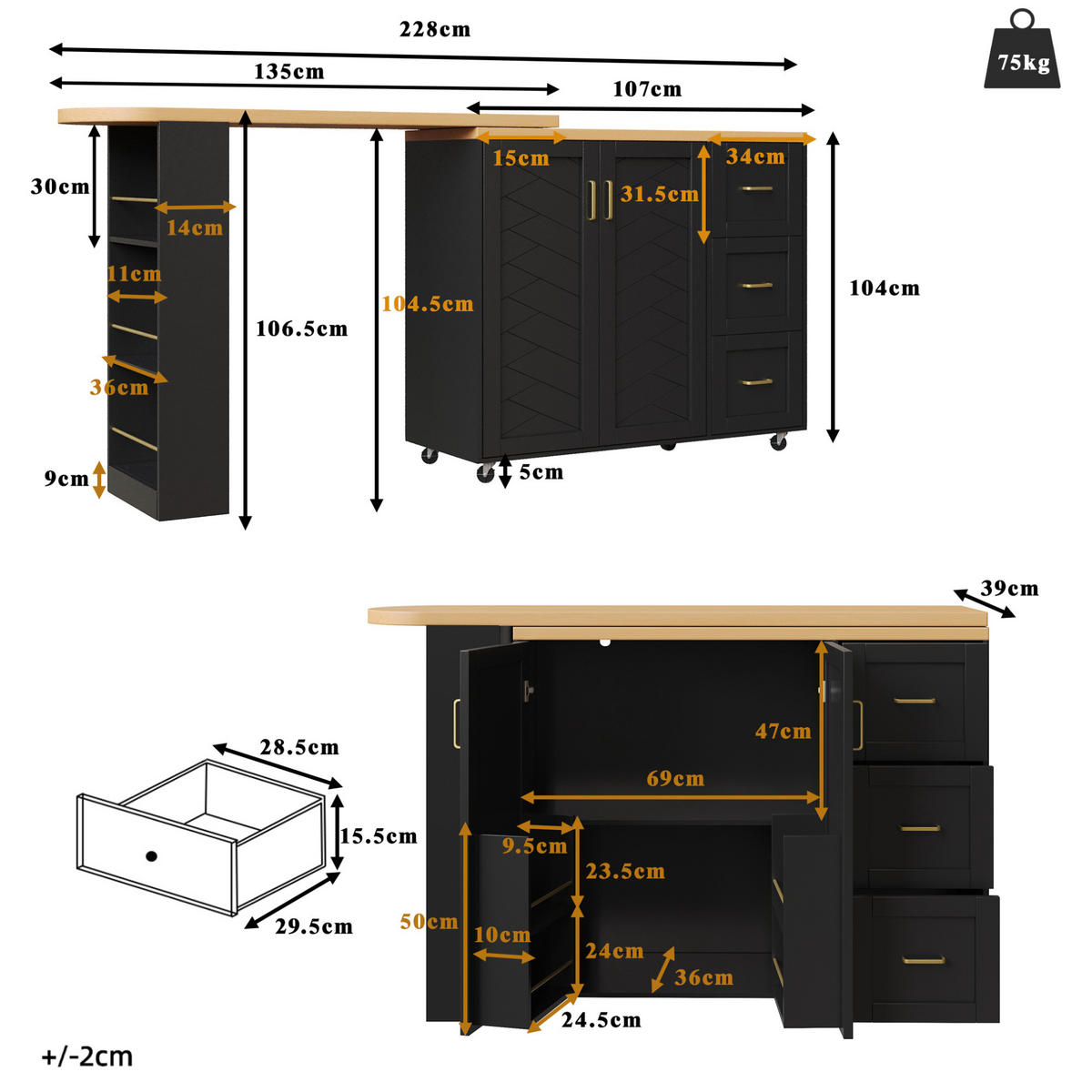 KÜCHENINSEL aus MDF und Metall 135-228x39x104 cm Schwarz mit Holzoptik, ausziehbar, rollbar und mit viel Stauraum - Schwarz, Holzwerkstoff (39/104/135cm) - Modfu