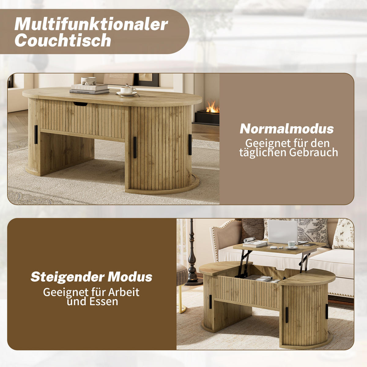 COUCHTISCH in Eichefarben höhenverstellbarer Wohnzimmertisch mit offenen Regalen und Stauraum , B100/T50/H40.5cm - Eichefarben, Holzwerkstoff/Metall (50/100/40.5cm) - STILVORA