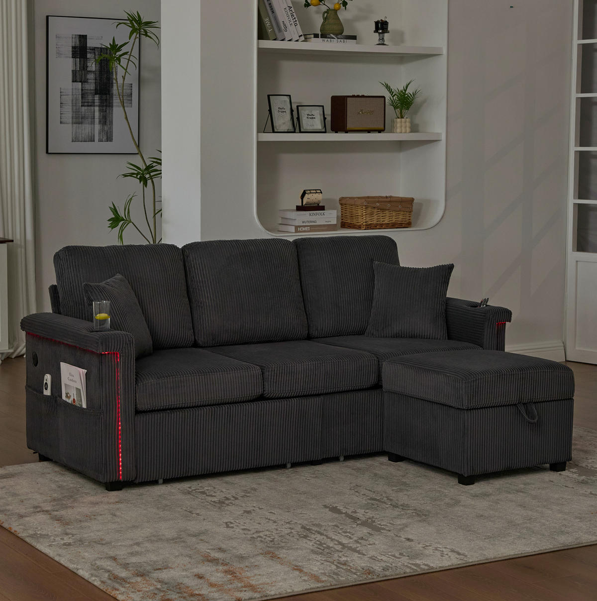SOFA mit LED und USB/TYPE-C 194 x 73 x 81 cm Corduroy Dark Gray - Dunkelgrau, Kunststoff (194/81/73cm) - Meubliv