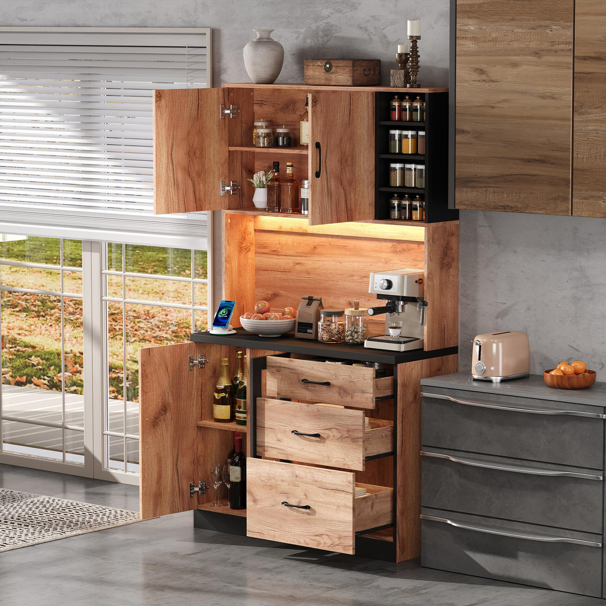 BUFFET 105/40/180 cm Neutral mit LED-Beleuchtung, verstellbaren Einlegeböden und 3 Schubladen - Naturfarben, Holz (105/180/40cm) - Oxeza