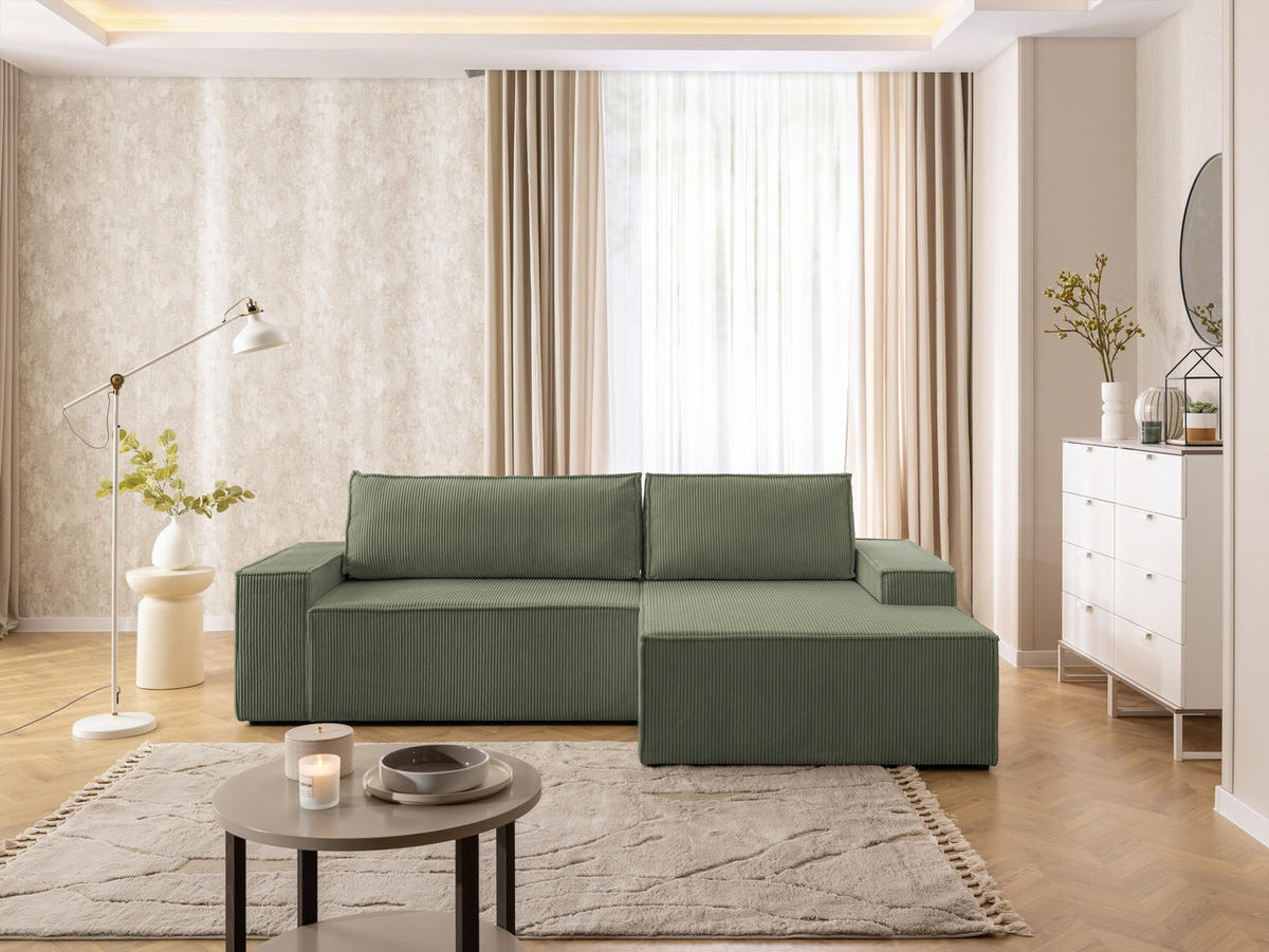 ECKSOFA Rivio mit Schlaffunktion und Bettkasten, Cordstoff Grün - Schwarz/Grün, Holz/Kunststoff (262/149cm) - S-Style