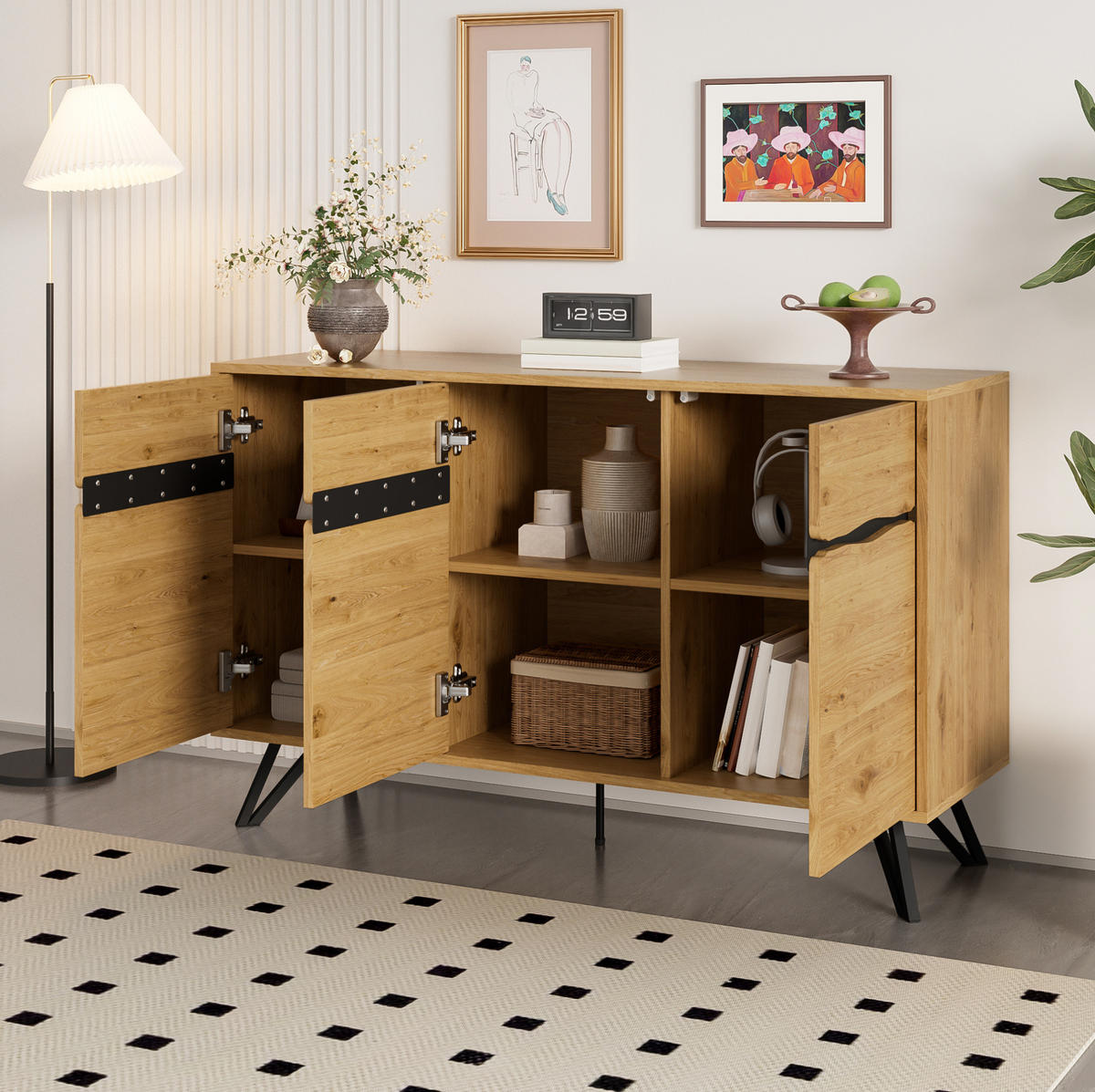 SIDEBOARD 140/40/75,5 cm in Holzoptik mit 3 Türen und Metallbeinen - Naturfarben, Holzwerkstoff (40/75.5/140cm) - Flora Grace