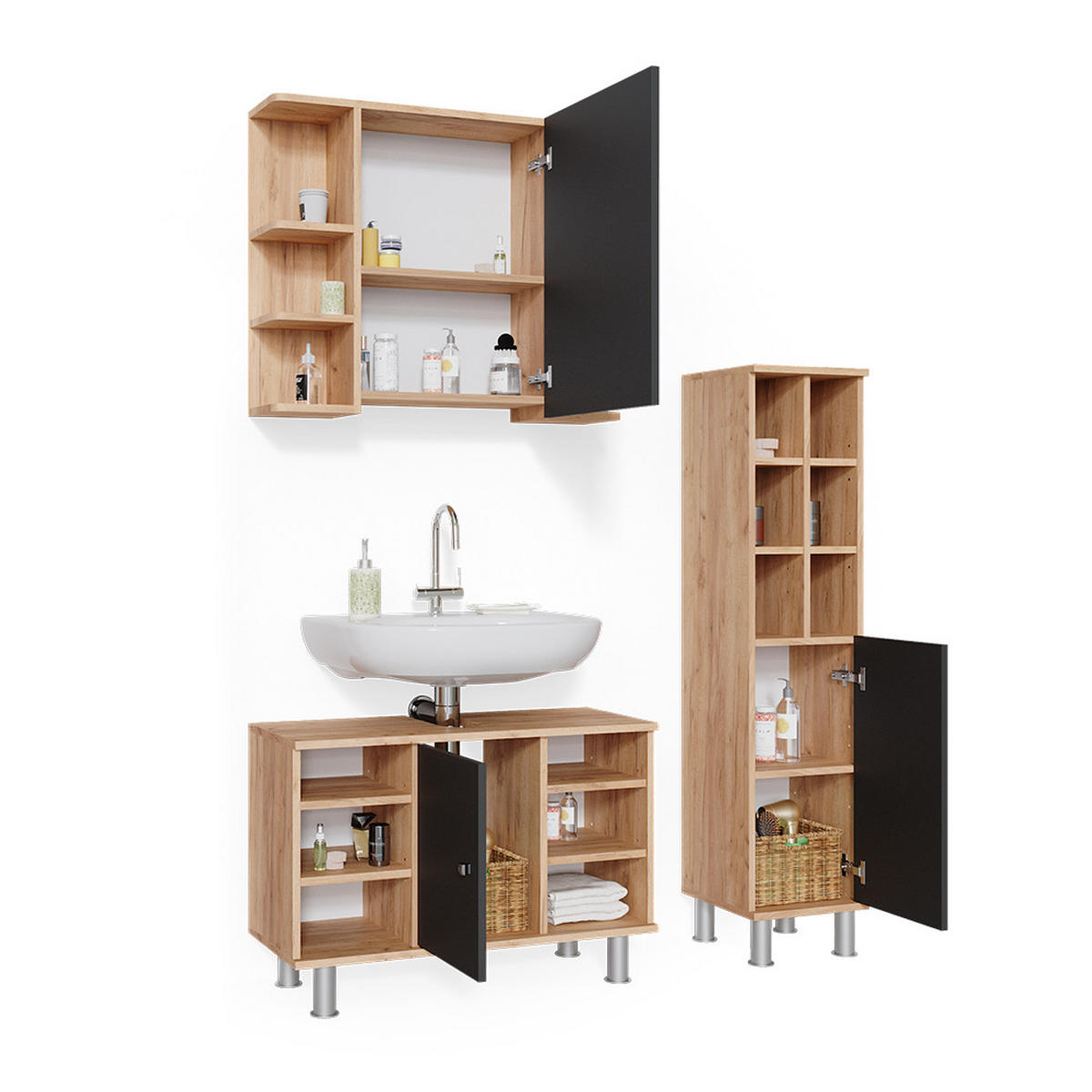BADMÖBEL-SET Fynn Goldkraft Eiche 3 Teile, mit Midischrank Tür groß - Honigeiche/Anthrazit, Holzwerkstoff (60/54/32cm) - Vicco