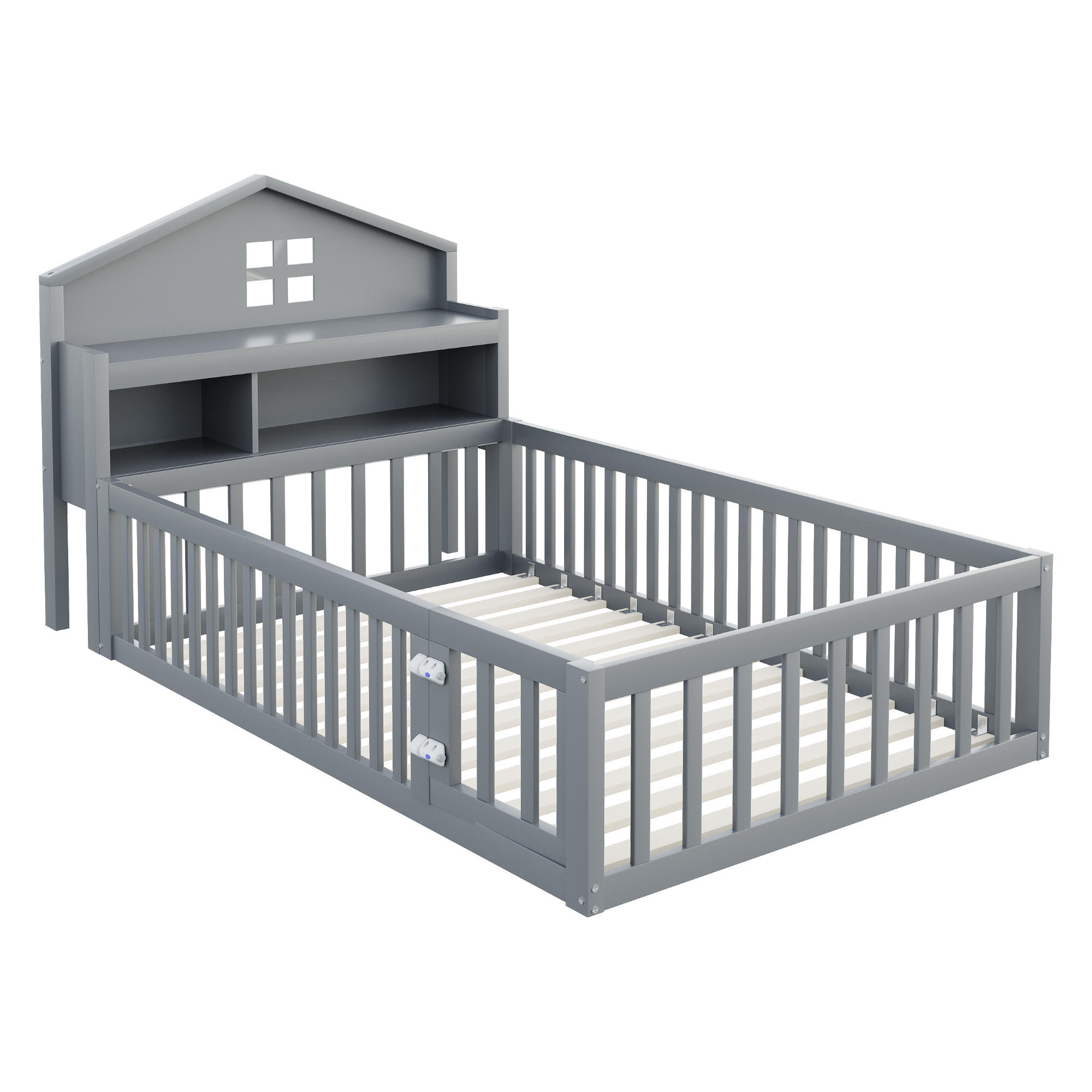 KINDERBETT 90/200 cm DE-01333, in Grau, mit Hausform und Stauraum, Schutzgitter - Grau, Holz (90/200cm) - ComfortXL
