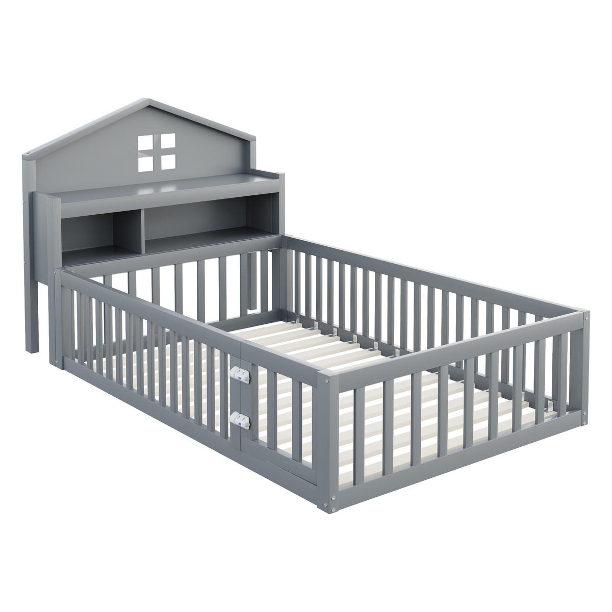 KINDEREINZELBETTEN aus Massivholz 90x200 cm in Grau mit Kreidetafel & Stauraum - Grau, Holzwerkstoff (90/200cm) - Modfu