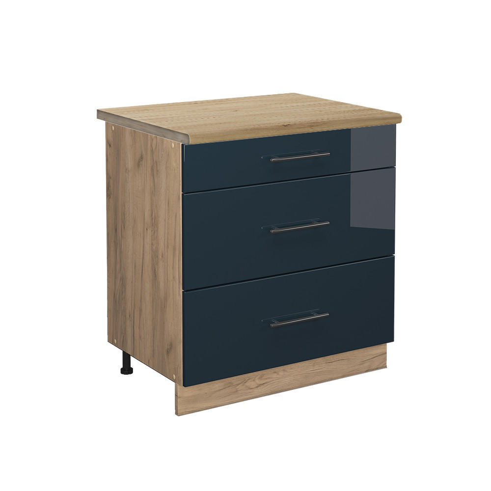 KÜCHENUNTERSCHRANK Fame-Line Dunkelblau Hochglanz 80 cm mit 3 Schubladen AP Eiche - Eiche Wotan/Dunkelblau, Holzwerkstoff (80/82/60cm) - Vicco