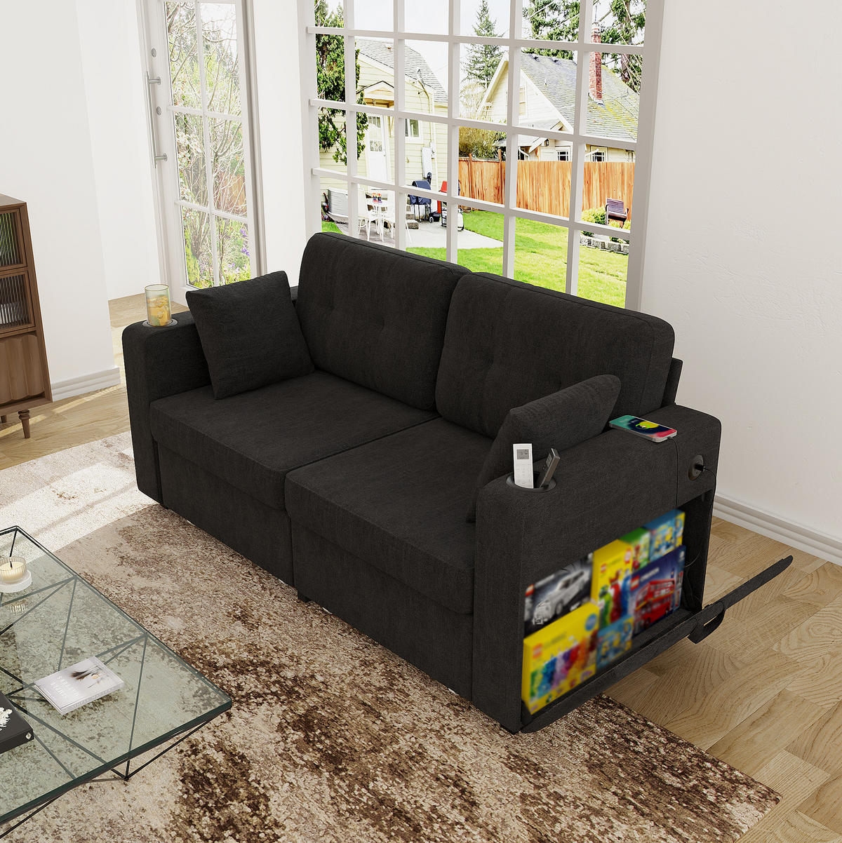 2-SITZER Sofa 172/75/82 cm mit USB-Anschlüssen, Stauraumschubladen und Getränkehaltern, Chenille, Schwarz - Schwarz, Textil (172/82/75cm) - Redom