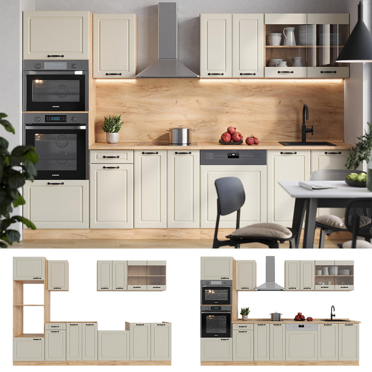 KÜCHENZEILE R-Line, Sand Landhaus/Goldkraft Eiche, 300 cm Arbeitsplatte Goldkraft Eiche - Honigeiche/Beige, Holzwerkstoff (300/206.8/60cm) - Vicco