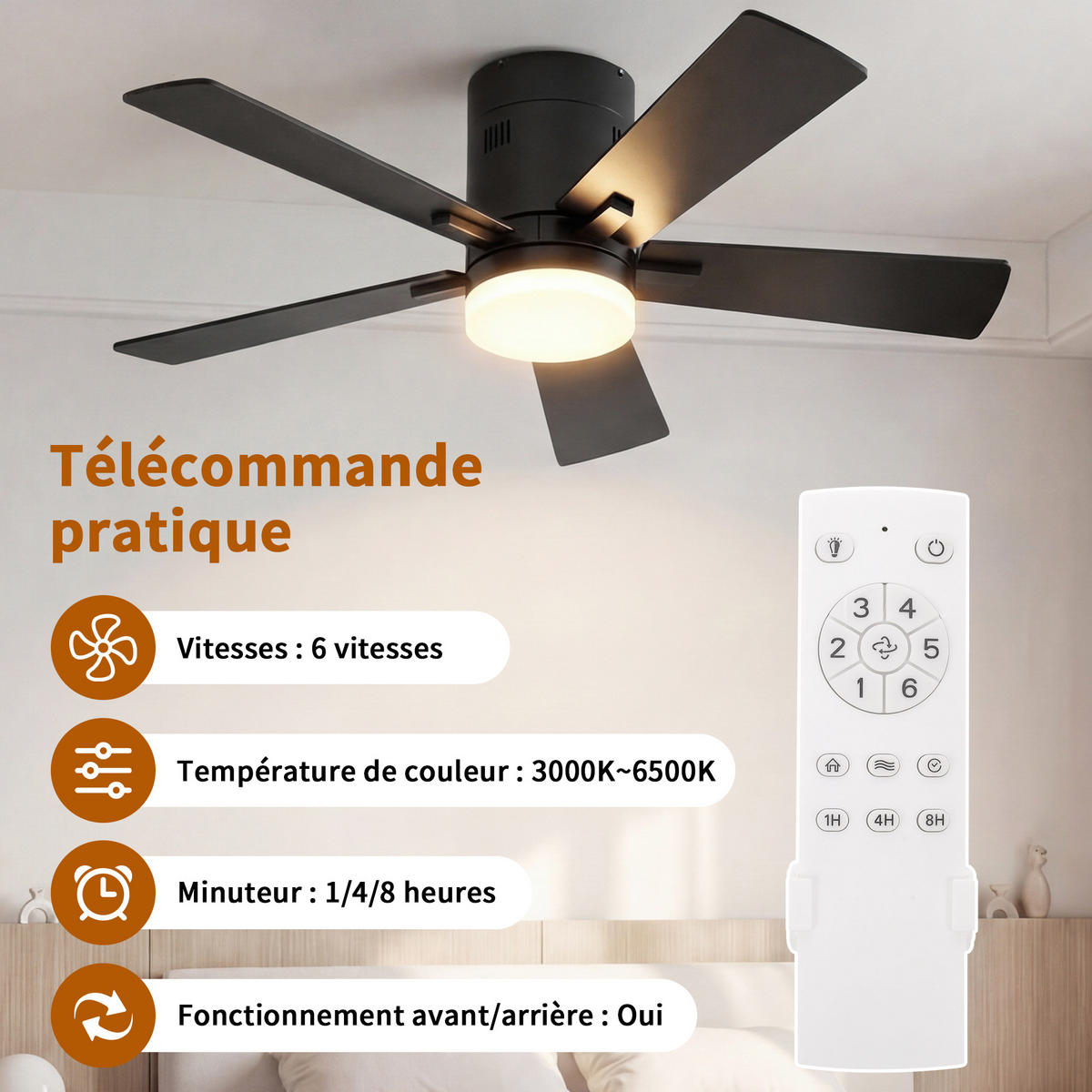 DECKENVENTILATOR 106,6cm Direktmontage Schwarz 5 Flügel DC Motor - Schwarz, Kunststoff (107/107/28cm) - CASIVA