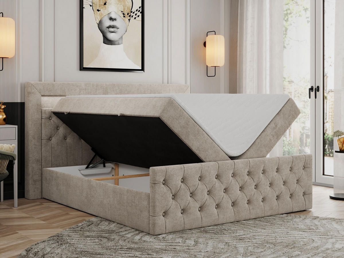 BOXBETT GOLD-9 LED 200/200 Beige Struktur - H3 - Beige, Holz/Textil (200/200cm) - MKS