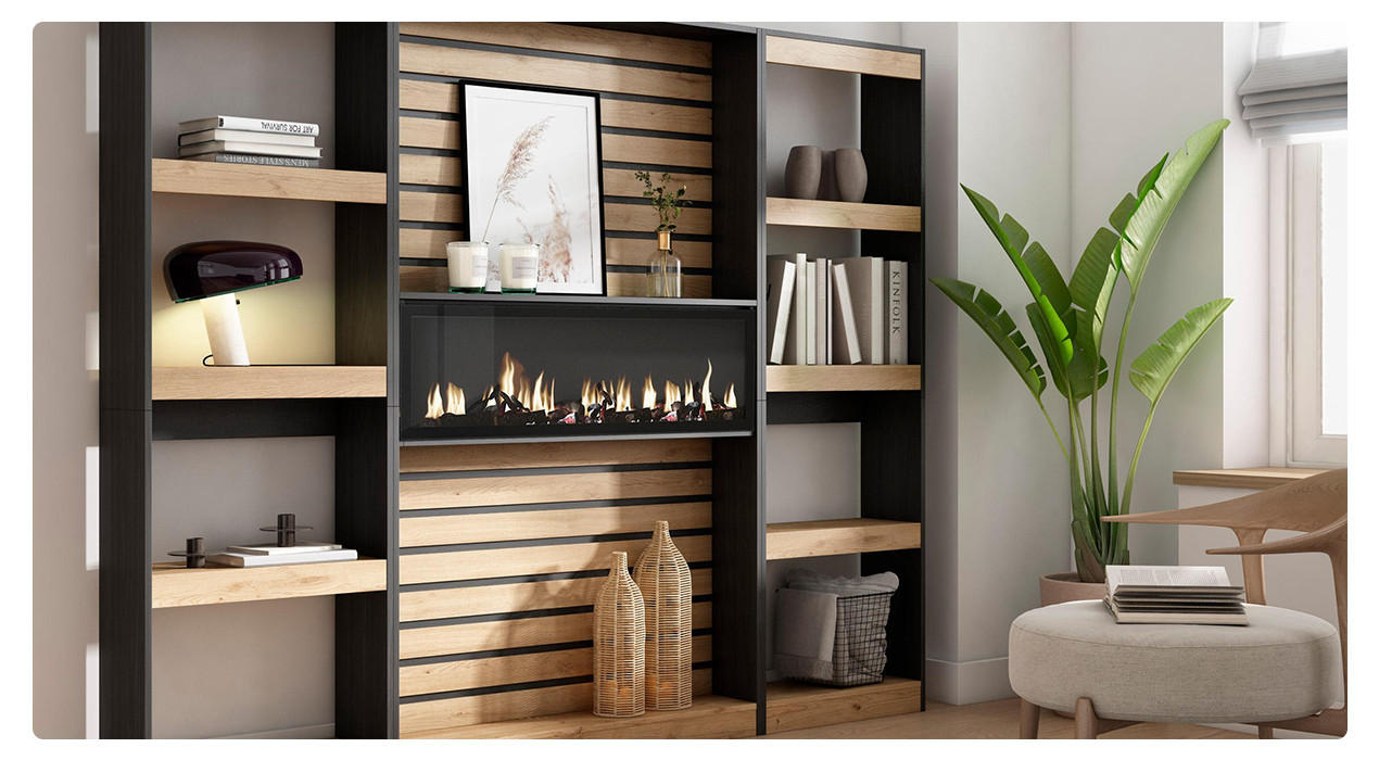 Wandgestaltung im Wohnzimmer, Wohnwand aus Holz, Sessel, Pflanze