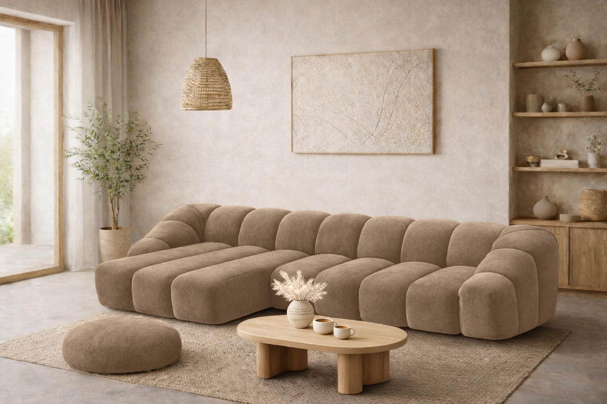 ECKSOFA Modulare L-Form, Veloursstoff Bluvel, Latte, Links, CROISSANT XL - Hellbraun, Holz (340/190cm) - Kaiser Möbel