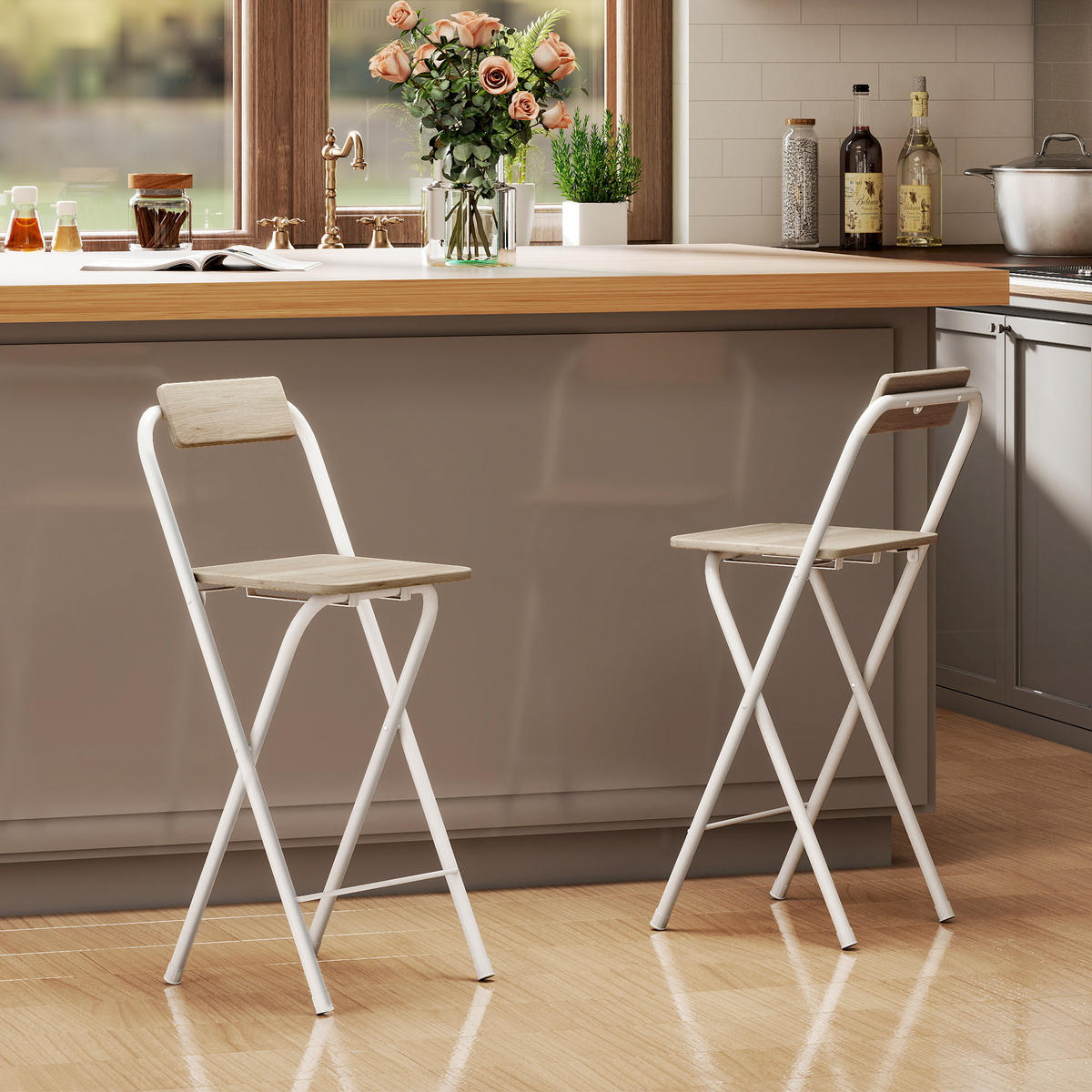 BARHOCKER 2er-Set DE-14766 klappbar mit Rückenlehne und Fußstütze Holzoptik - Naturfarben, Metall (37/87/45cm) - ComfortXL