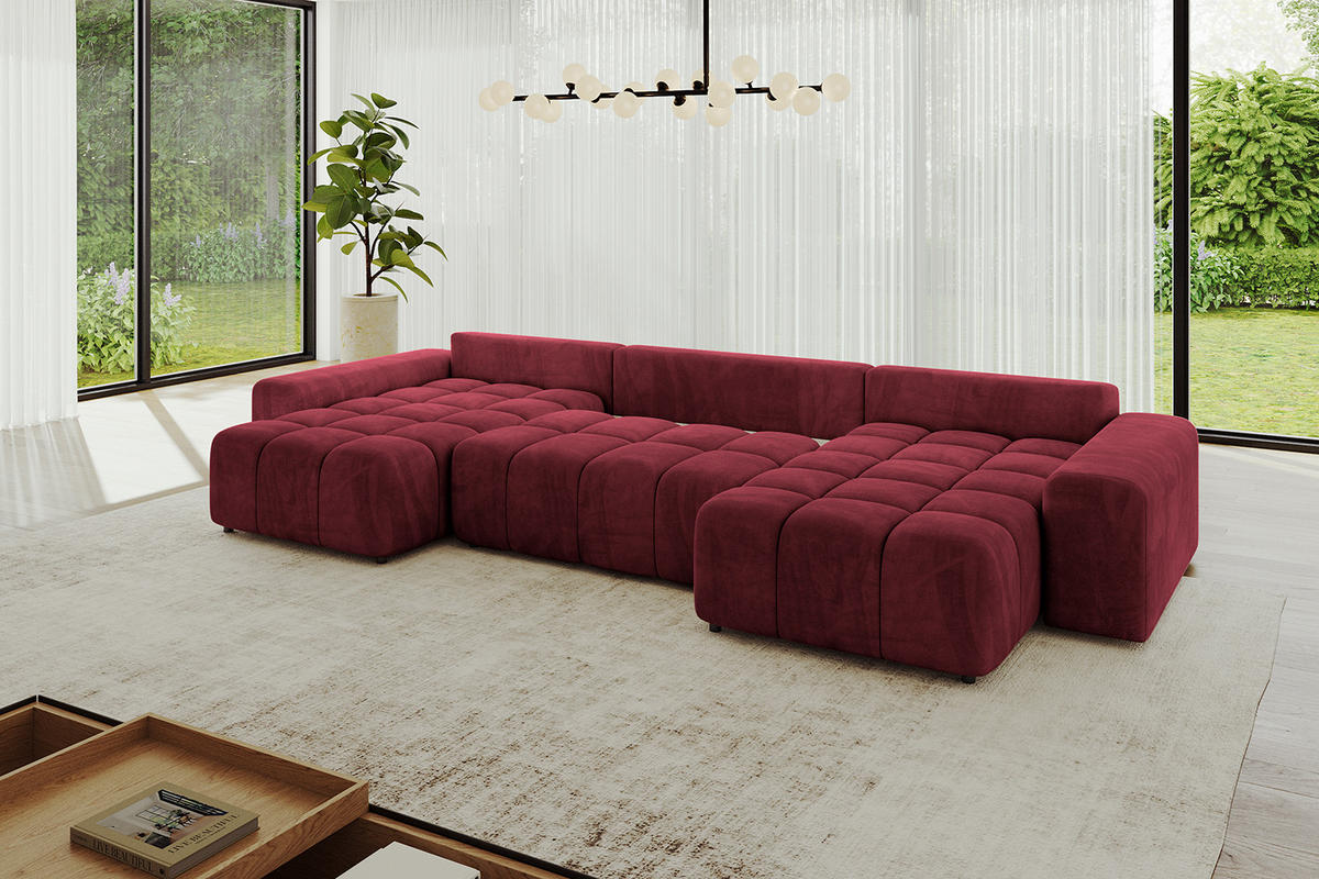 WOHNLANDSCHAFT ENIL-U 390x175x84 Bordeaux Velours - Bordeaux, Holzwerkstoff/Kunststoff (390/84/175cm) - ALTDECOR