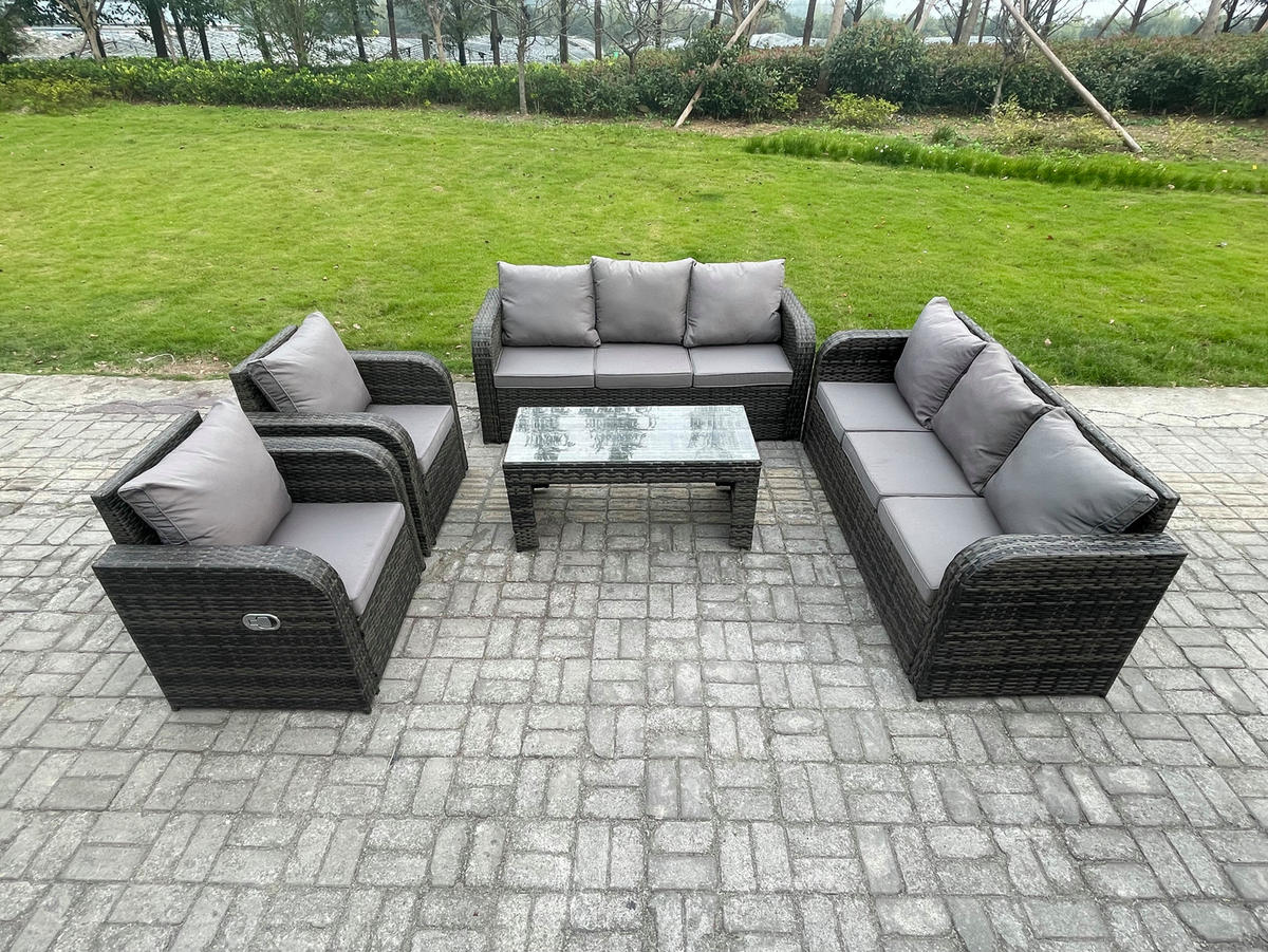 GARTENMÖBEL SET mit Sofa Polyrattan 8-Sitzer Dunkelgrau - Dunkelgrau/Grau, Glas/Kunststoff - Fimous