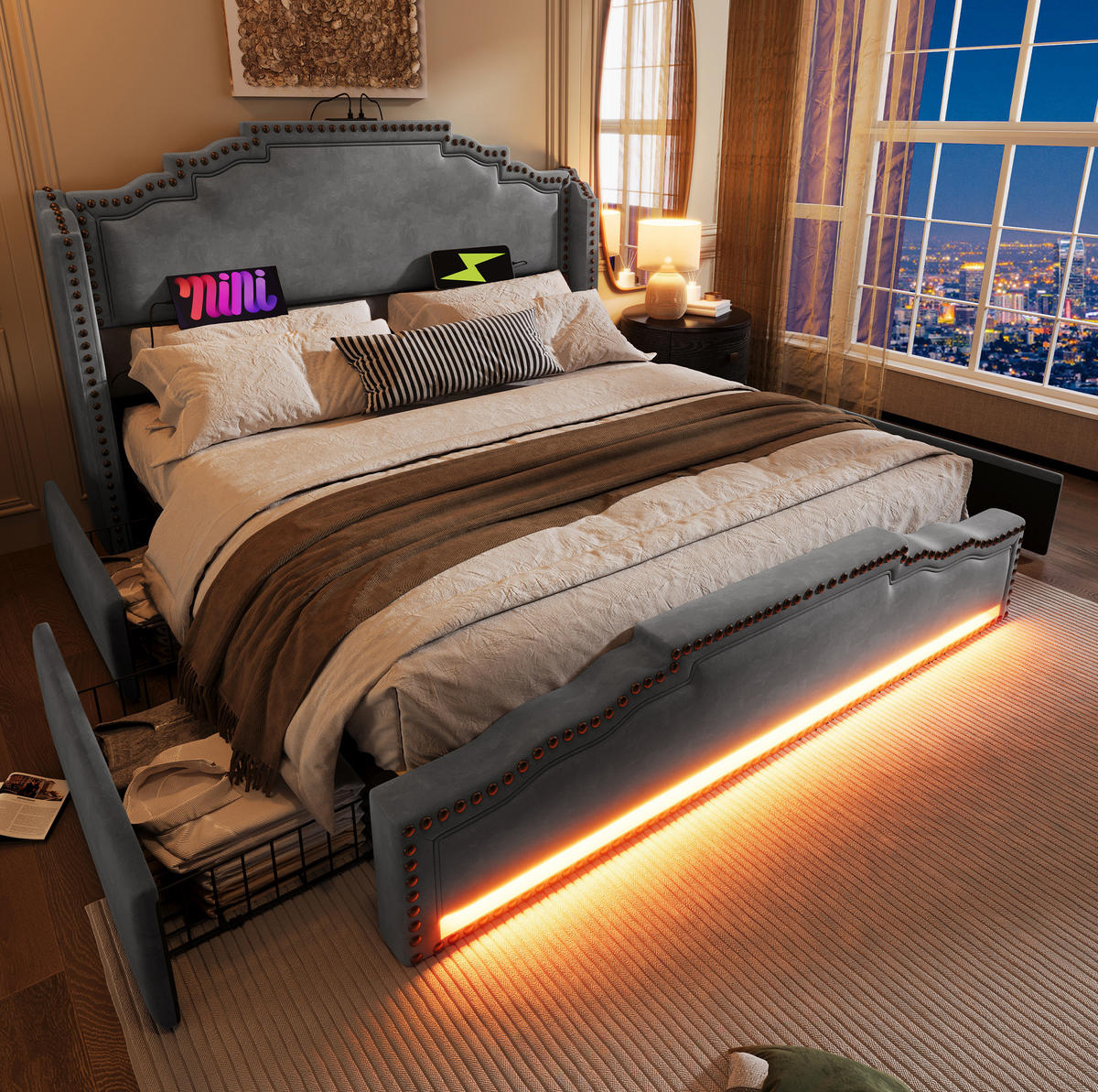 BETT mit 4 Schubladen, LED & USB-C 160x200 cm Samt Grau inkl. Matratze - Grau, Metall (160/200cm) - Meubliv