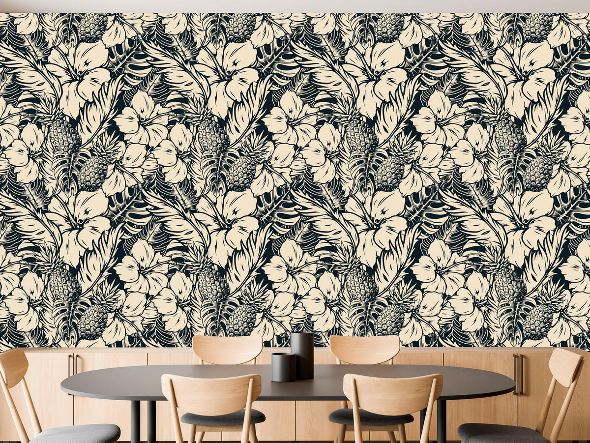VLIESTAPETE Tropische Blüten und Ananas – Schwarz, Creme – 50x1000 cm - Creme/Schwarz, Papier (50/1000cm) - Muralo
