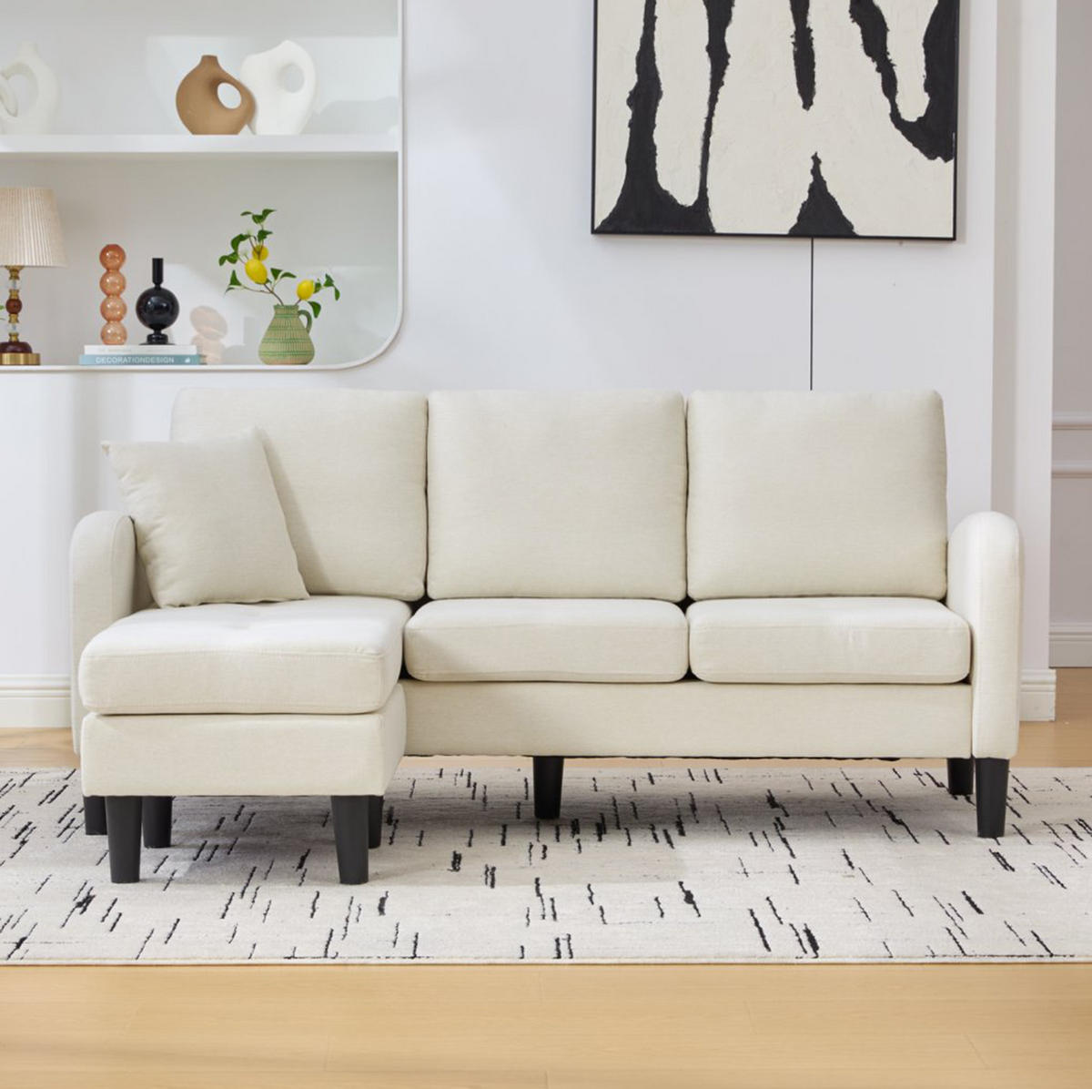 ECKSOFA Baumwoll-Leinenbezug mit modularer Chaiselongue Hellbeige 166/118/77 cm - Beige/Weiß, Textil (166/118cm) - Redom