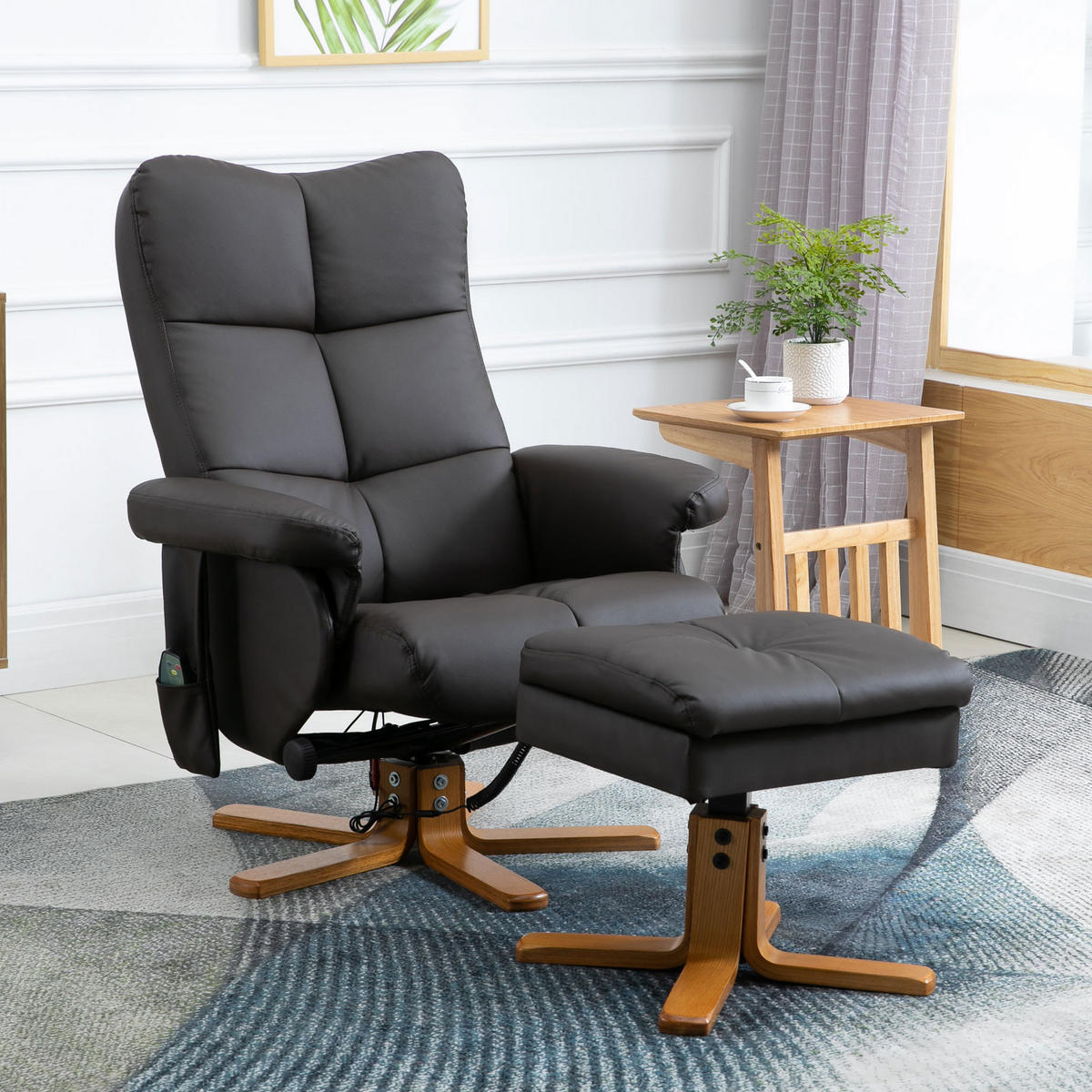 RELAXSESSEL mit Liegefunktion Massagesessel mit Fußhocker Polyester Braun - Braun, Leder/Holz (86/99/80cm) - HOMCOM