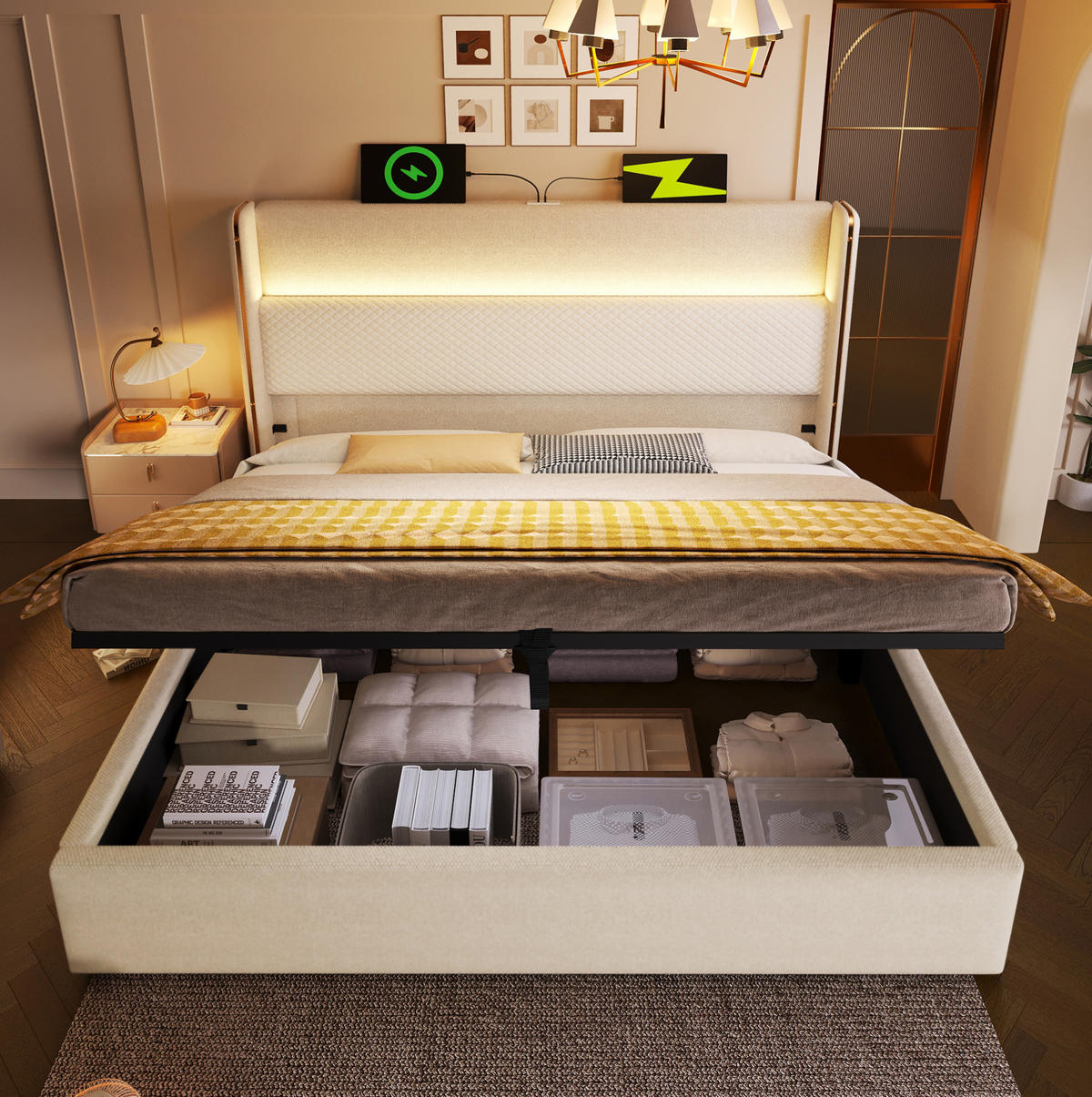 ČALOUNĚNÁ postel 180/200 cm béžová z lnu s LED osvětlením, USB a Type-C, úložným prostorem - béžová, textil (180/200cm) - OKWISH