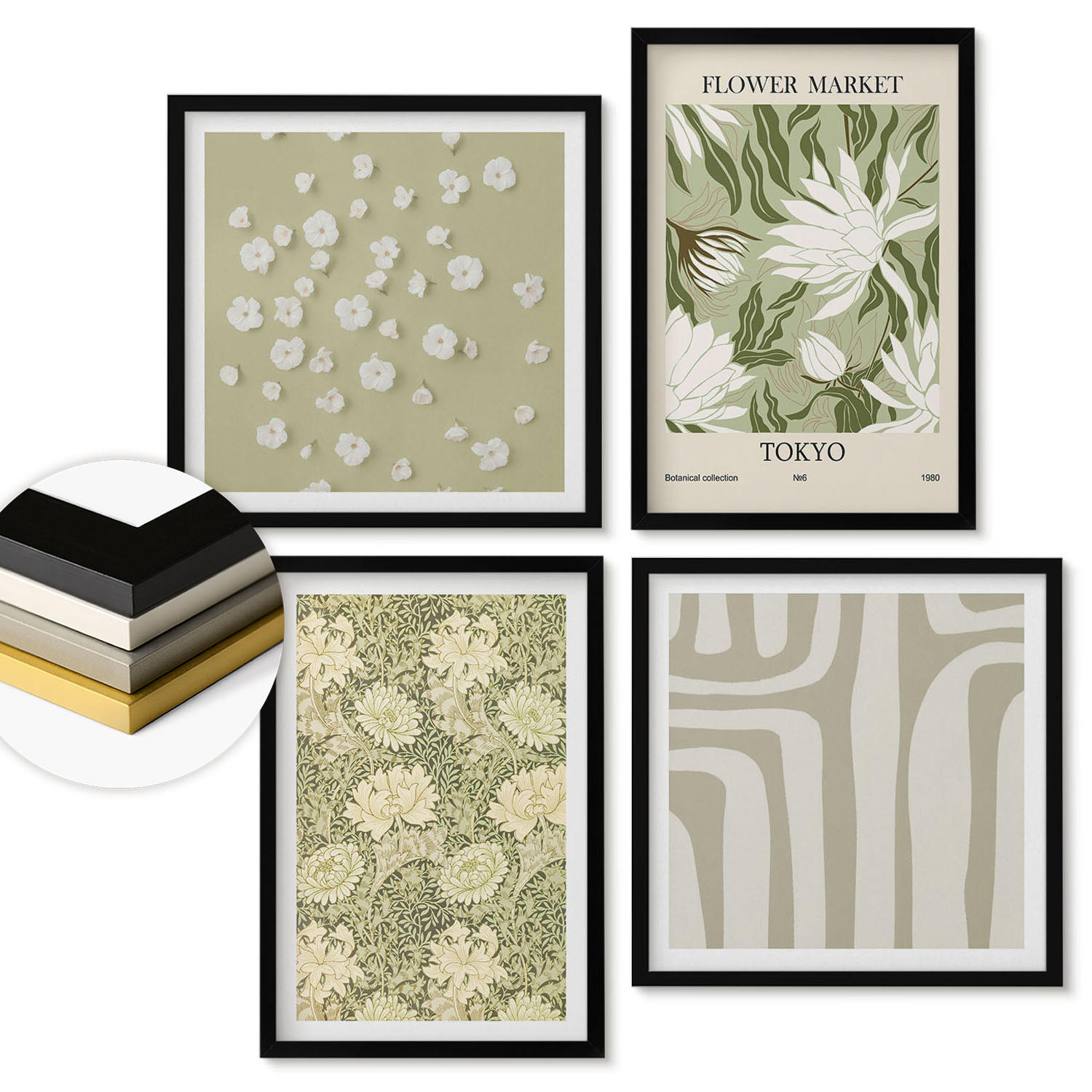 WANDBILDER 4er-Set - 50x50 cm & 40x60 cm Schwarzer Rahmen - Boho-Pflanzenkompositionen in Pastellfarben - Schwarz, Kunststoff (50/50cm) - ArtPrintCave