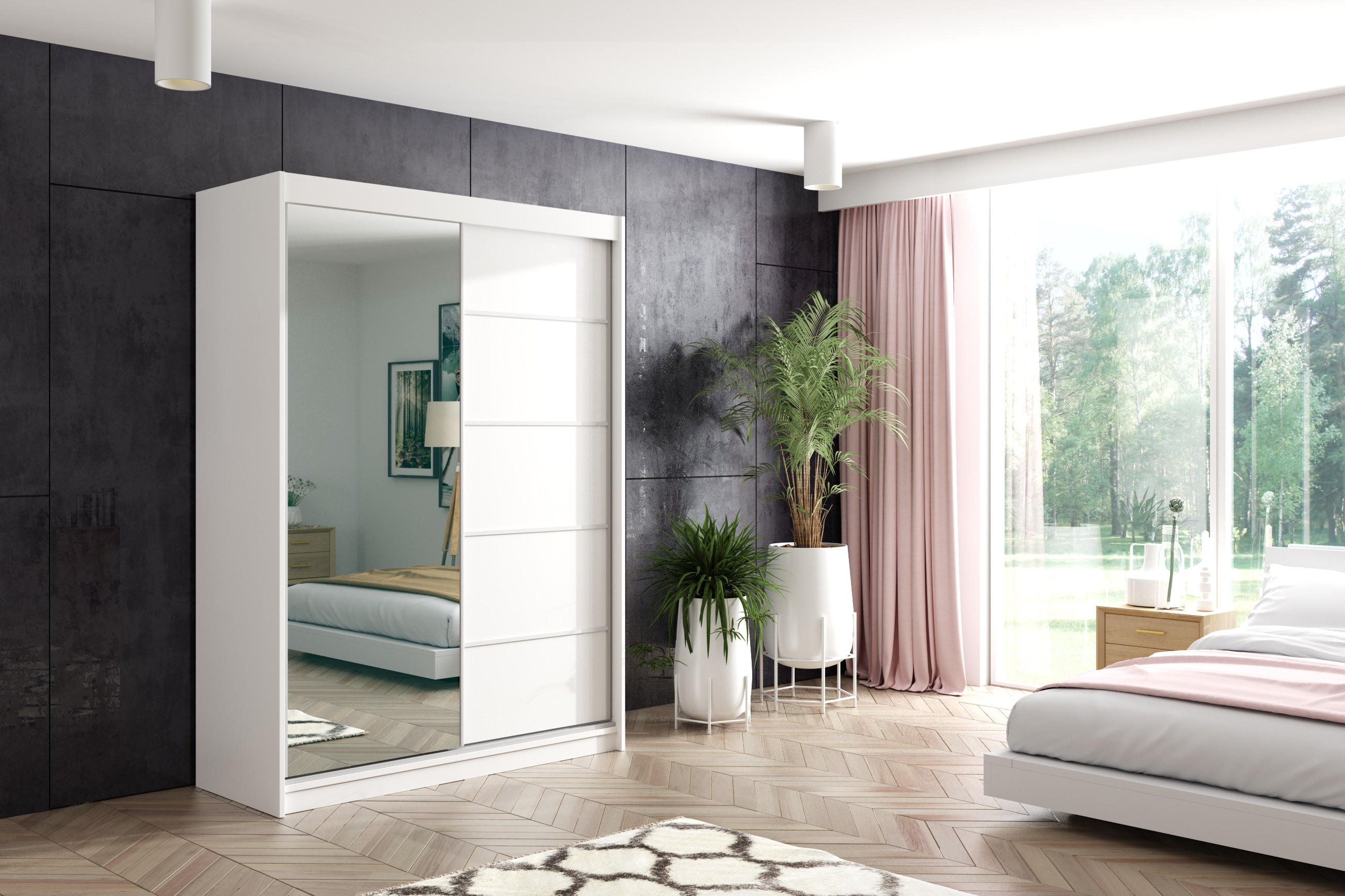 KLEIDERSCHRANK mit Spiegel-Schiebetüren und Aluminium-Leisten - MAKI - 160 cm Weiß - Weiß, Holzwerkstoff (160/216/61cm) - ALTDECOR
