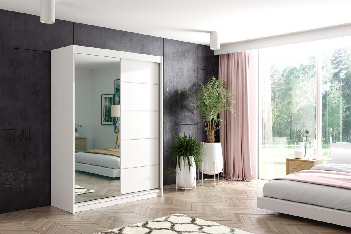 KLEIDERSCHRANK mit Spiegel-Schiebetüren und Aluminium-Leisten - MAKI - 160 cm Weiß - Weiß, Holzwerkstoff (160/216/61cm) - ALTDECOR
