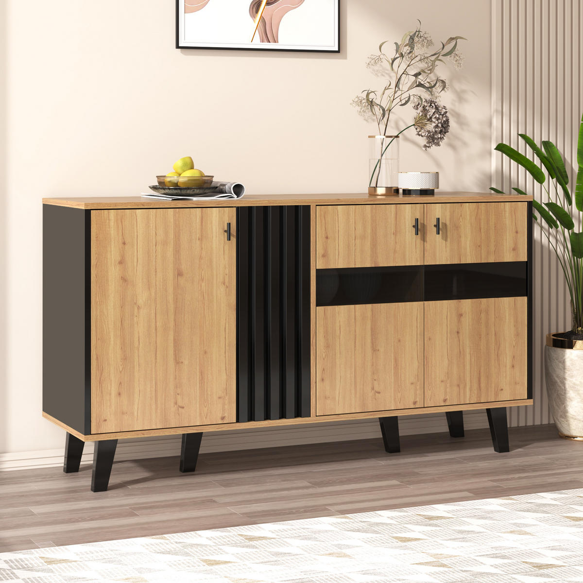 SIDEBOARD 140x78.5x41cm Holz+Schwarz Mit LED & Glas - Naturfarben, Holzwerkstoff (41/78.5/140cm) - FLIEKS