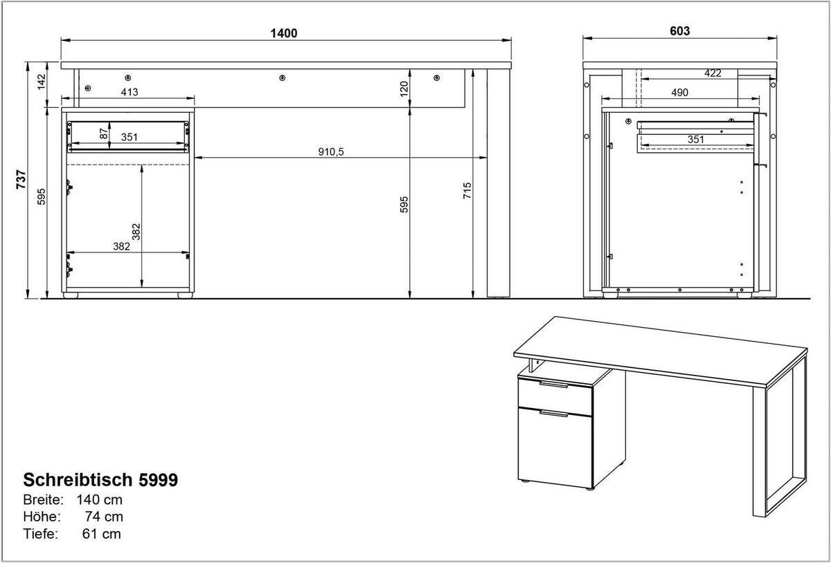 SCHREIBTISCH – Weiß/Beige, 140x61x74 cm, mit Container, stoßfest, Metallkufen - Weiß, Holz/Metall (61/140/74cm) - KADIMA DESIGN