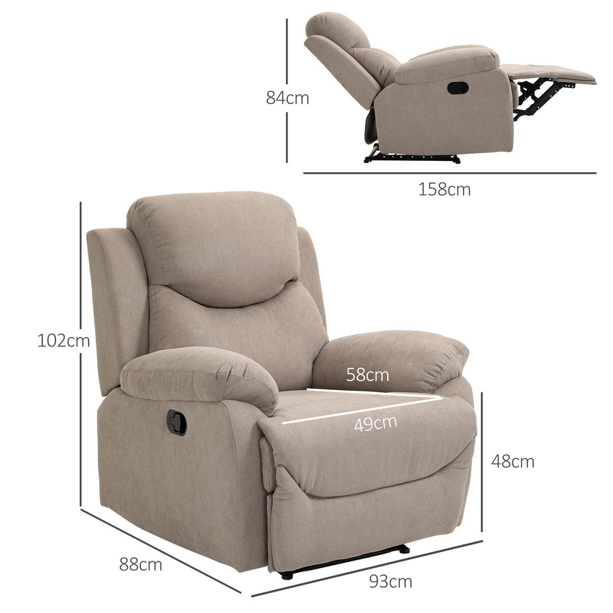 FERNSEHSESSEL, Polyester, Beige - Beige/Schwarz, Textil/Metall (88/102/93cm) - HOMCOM