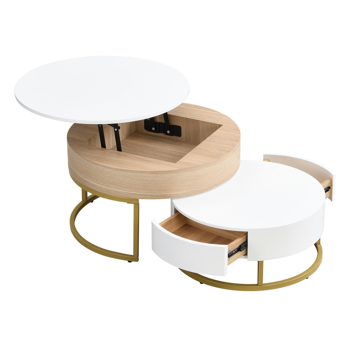 COUCHTISCH-SET aus MDF 70x70x56 cm Weiß und Gold mit höhenverstellbarer Tischplatte und Schublade - Weiß, Holzwerkstoff (70/70/56.5cm) - IVMEU