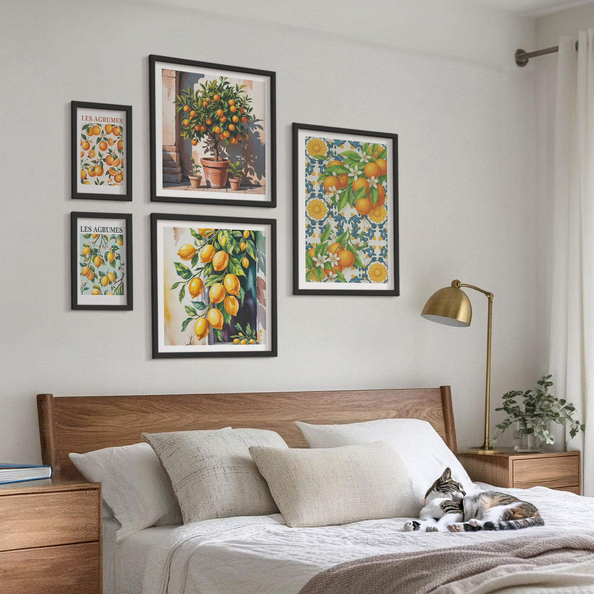 BILDER SET 5er Set - 50x50 cm & 20x30 cm & 40x60 cm Schwarzer Rahmen - Retro gelbe Zitrusfrüchte - Schwarz, Kunststoff (40/60cm) - TULUP