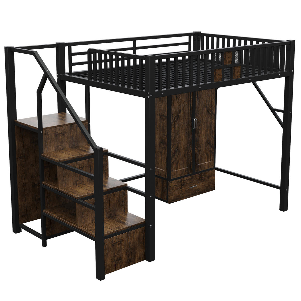 HOCHBETT 140/200 cm, Schwarz mit Kleiderschrank und Stauraum - Schwarz, Metall (140/200cm) - MIVRAY